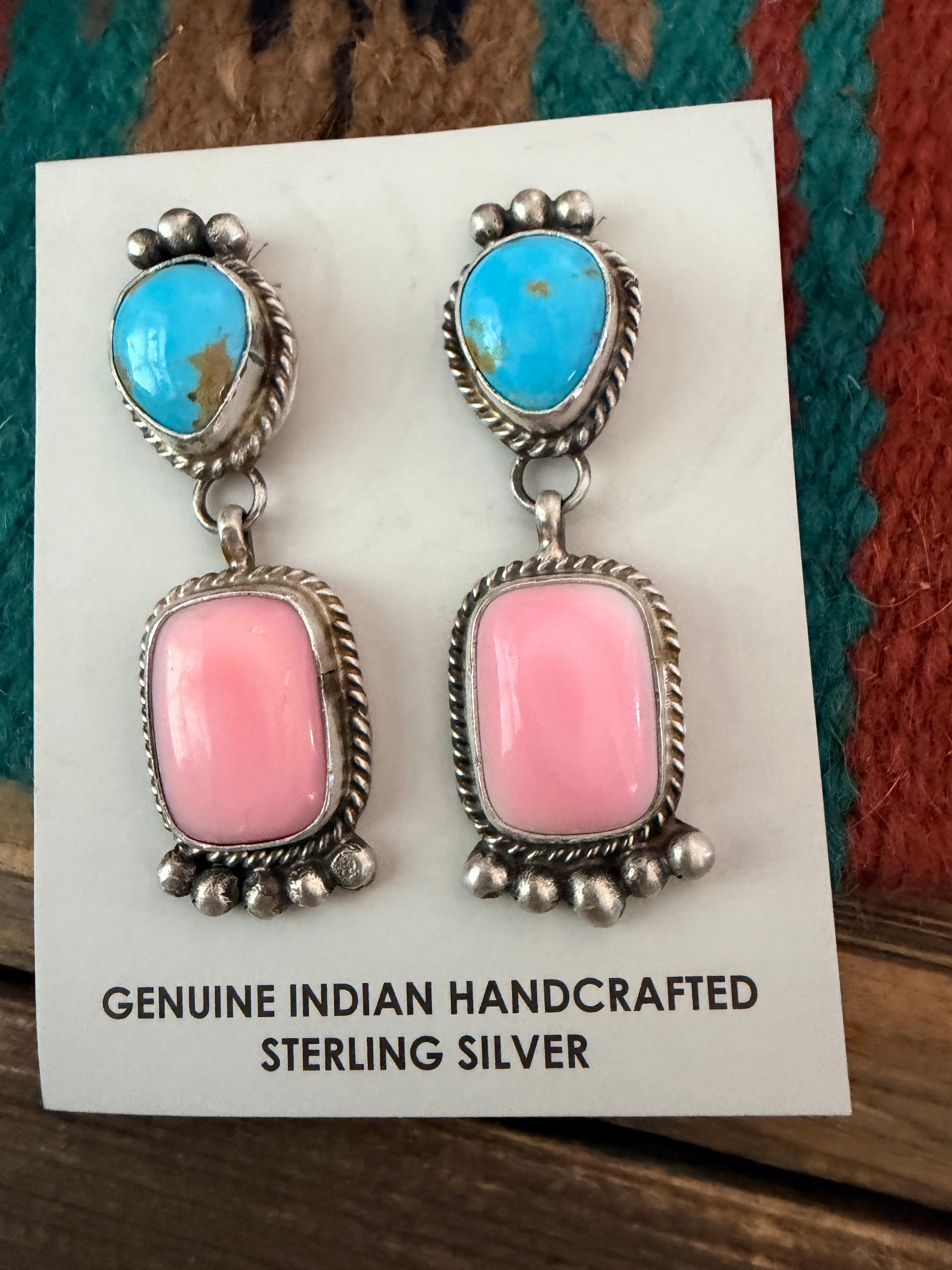 Handcrafted Sterling Silver, Turquoise & Queen Pink Conch Dangle Earrings by Vicky Hicks