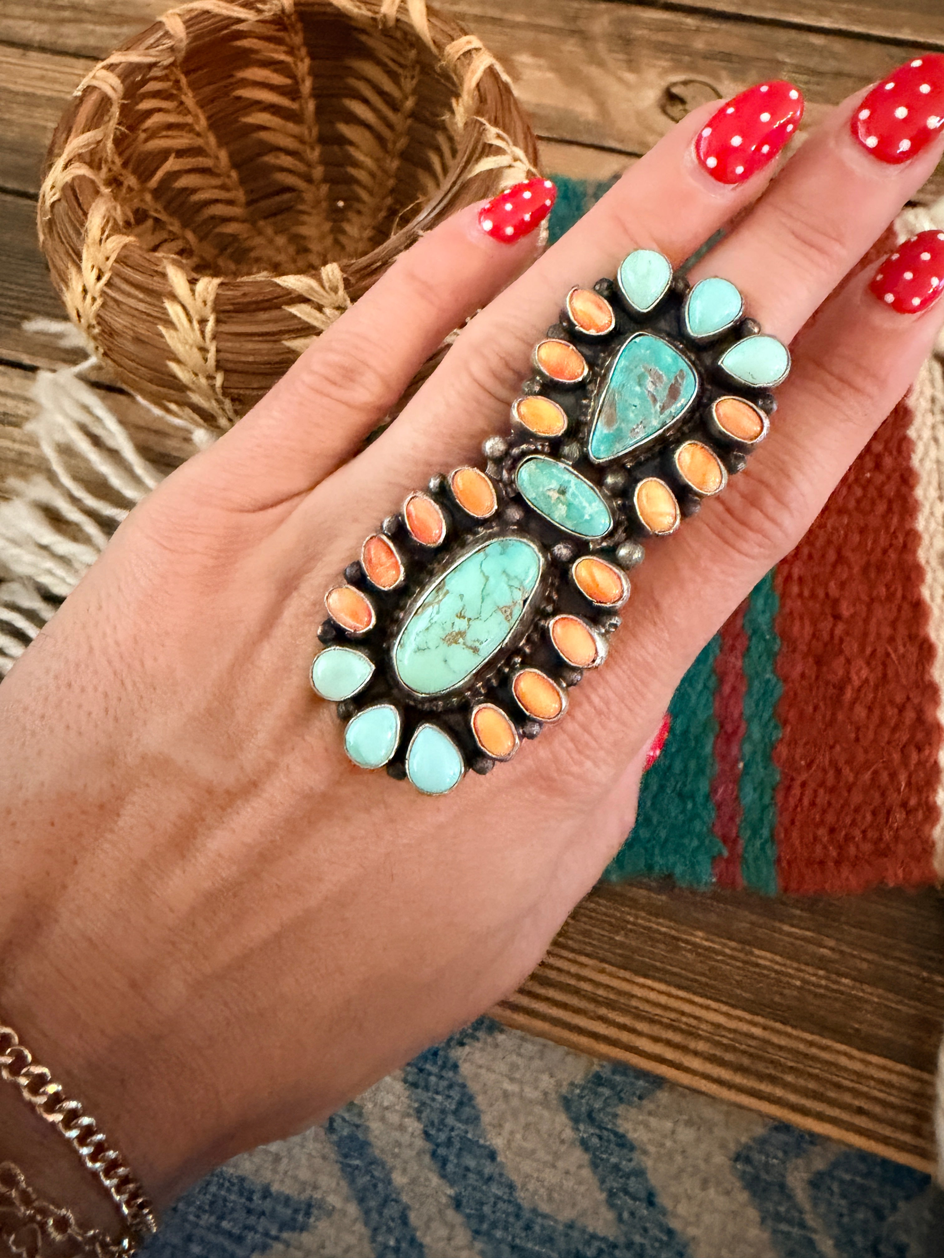 Handcrafted Spiny Oyster, Turquoise & Sterling Silver Cluster Ring by Sheila Becenti Size 7.5