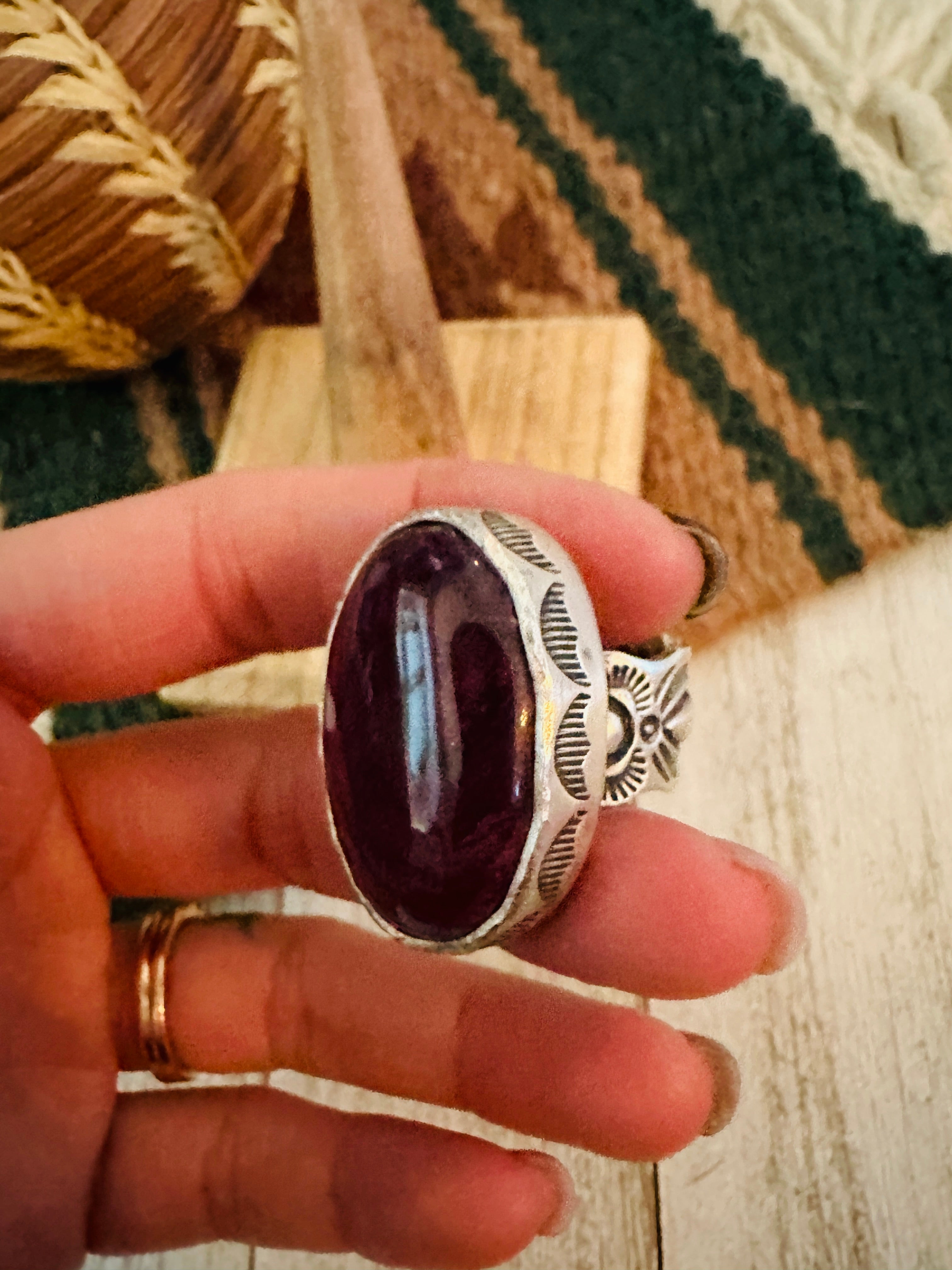 Navajo Purple Spiny & Sterling Silver Adjustable Ring by Russell Sam