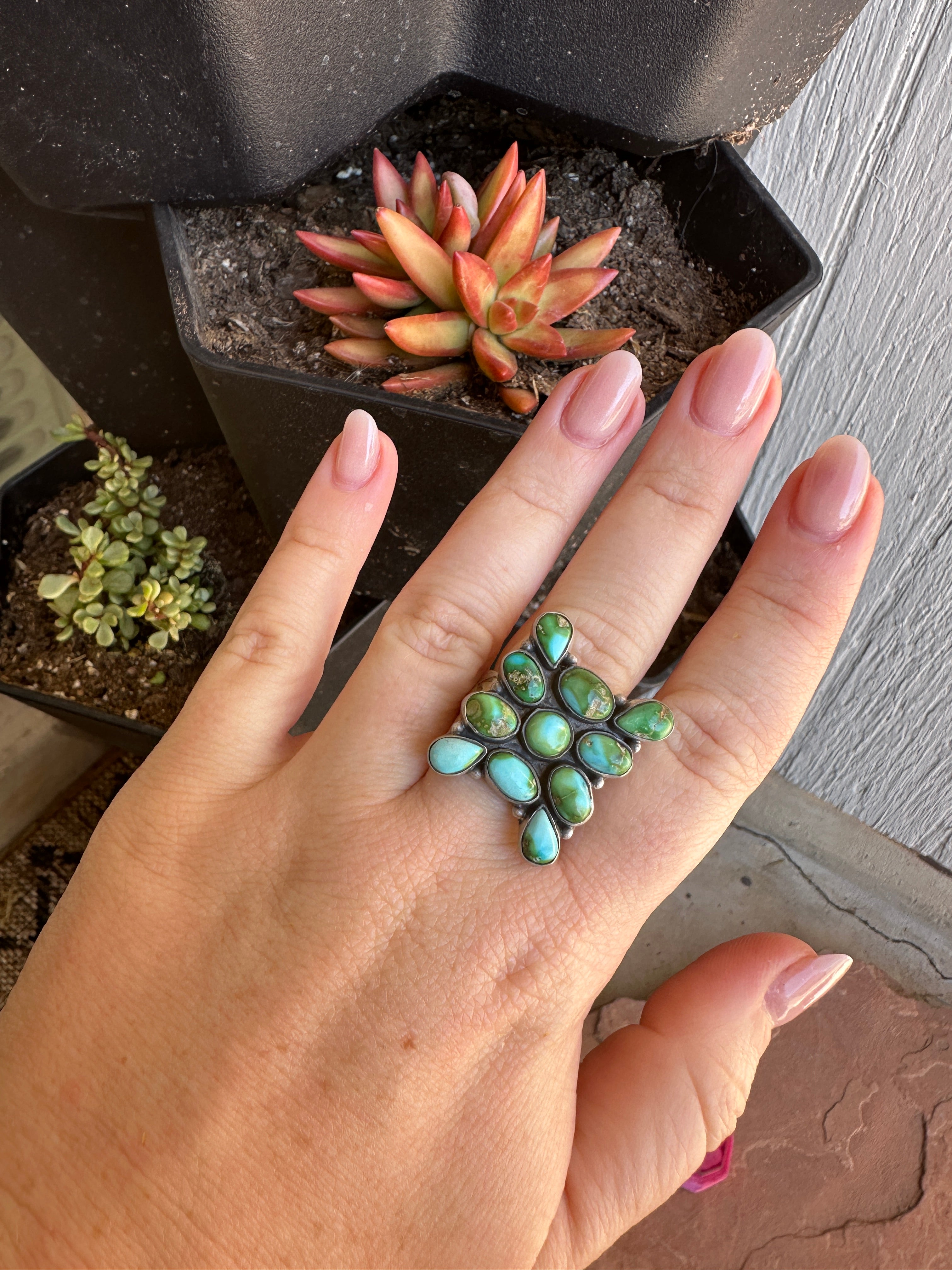 Beautiful Handmade Sonoran Mountain Turquoise And Sterling Silver Cluster Adjustable Ring