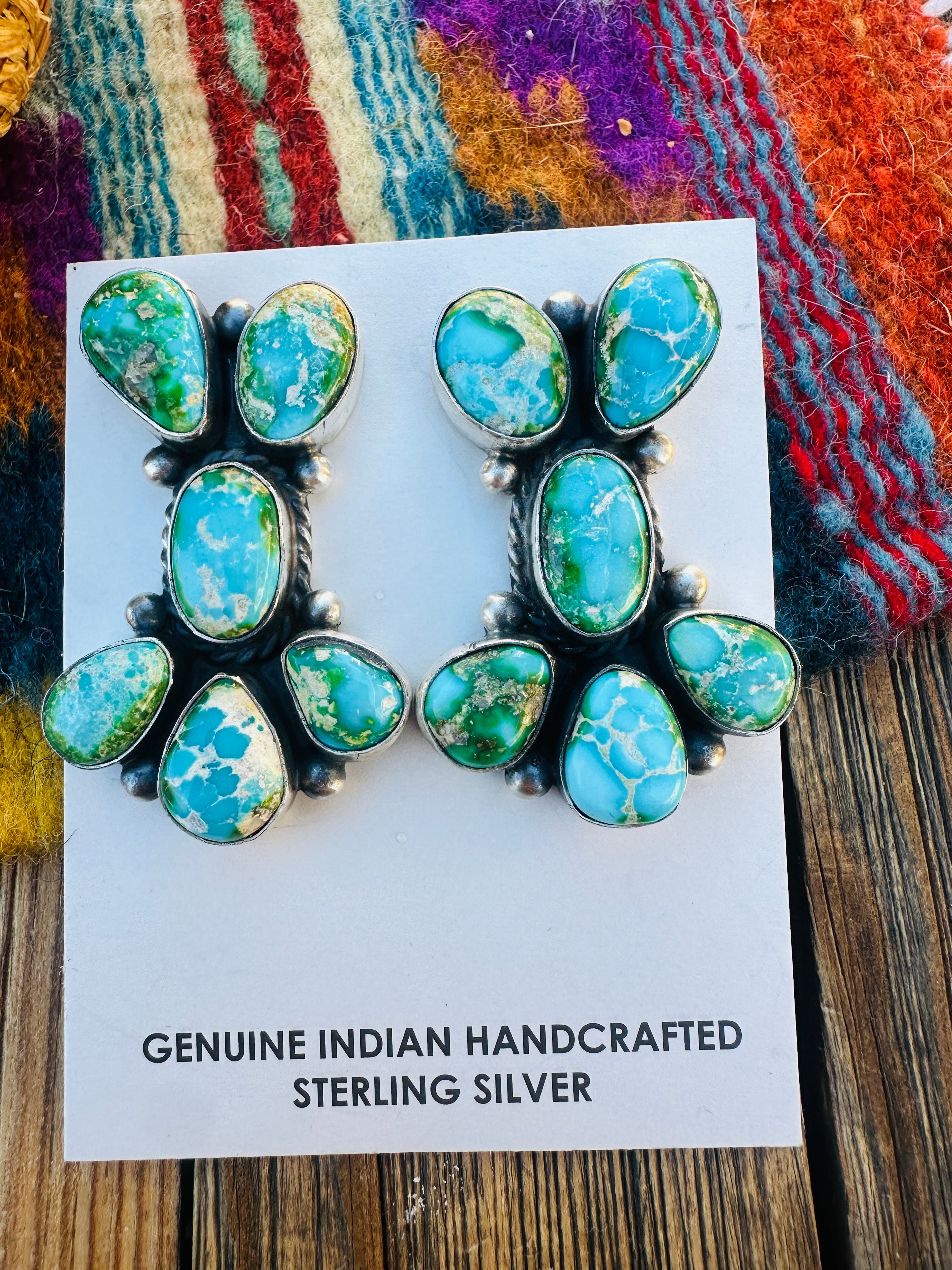 Handcrafted Sonoran Mountain Turquoise & Sterling Silver Cluster Post Earrings by Debra Smith