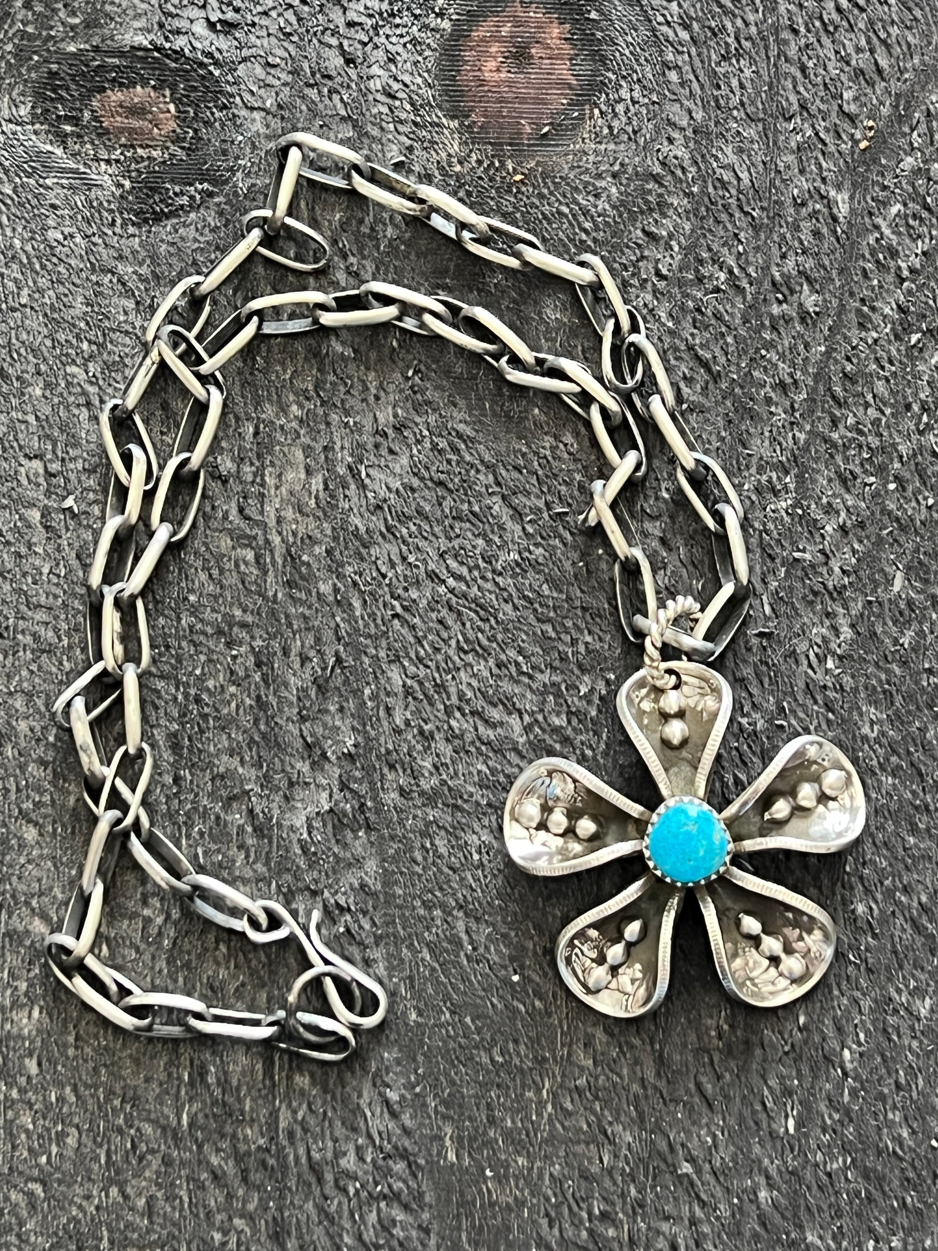 Handcrafted Sterling and Coin Silver Mercury Dime Flower Pendant with Turquoise on Handmade Chain by James Begay