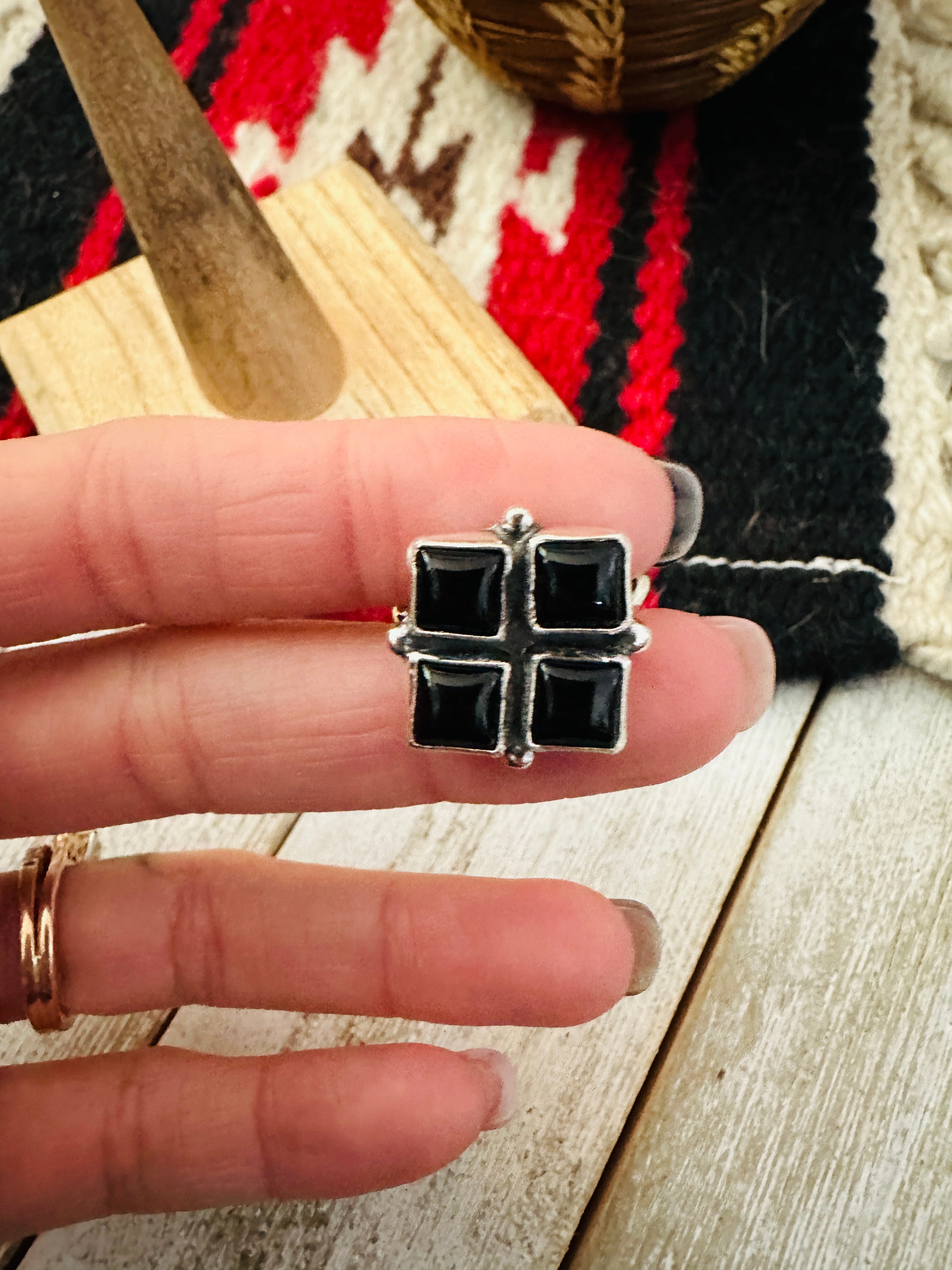 Navajo Sterling Silver & Black Onyx Cluster Adjustable Ring