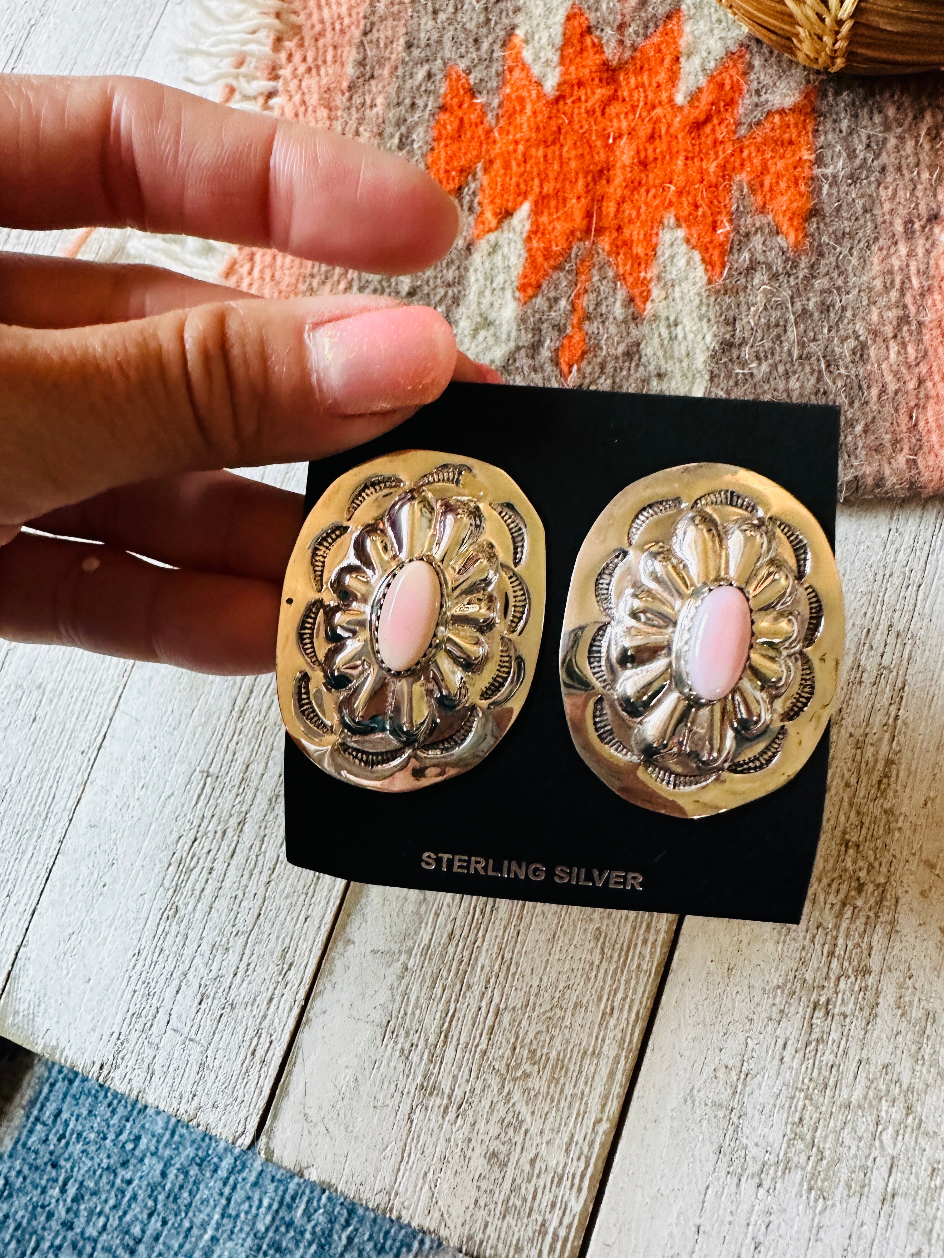 Navajo Sterling Silver & Queen Pink Conch Concho Post Earrings