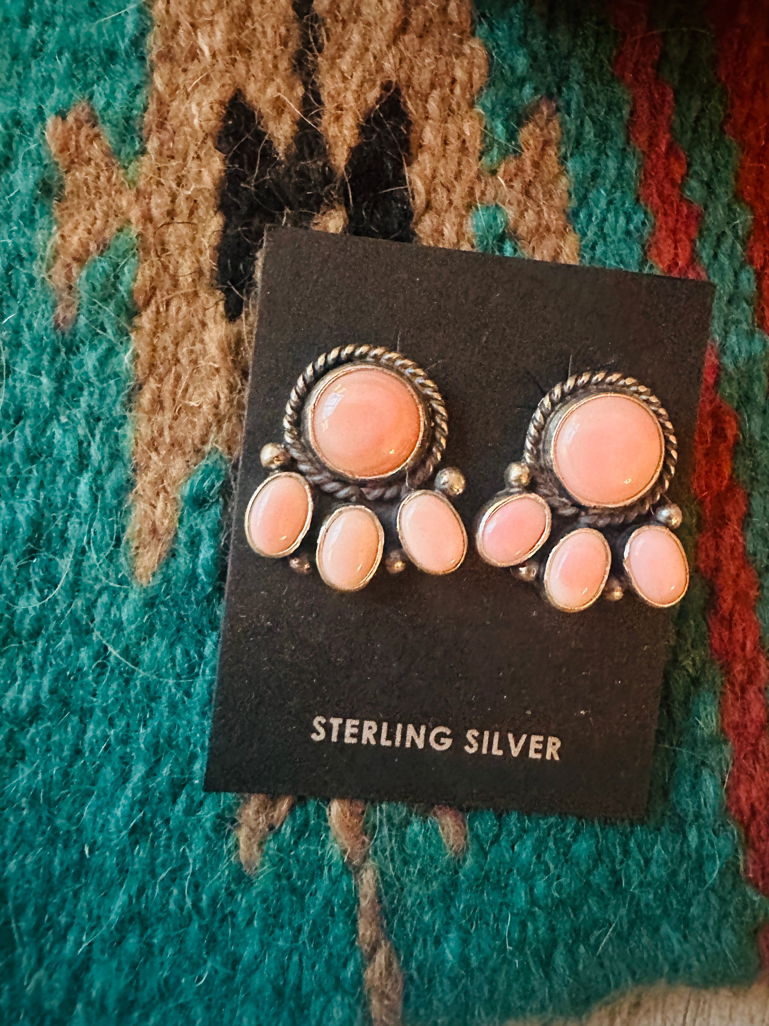 Navajo Sterling Silver & Queen Pink Conch Cluster Post Earrings