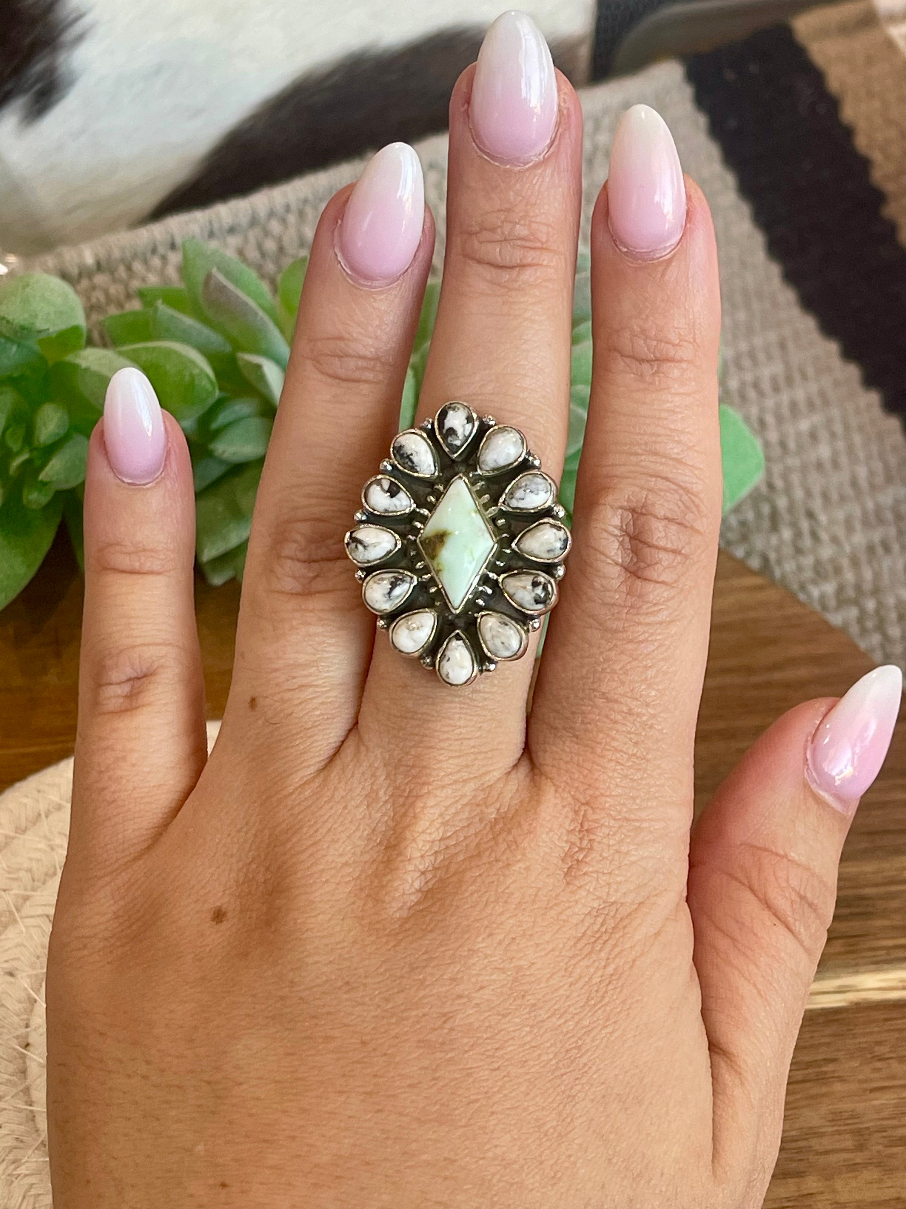 Beautiful Handmade Palomino Variscite, White Buffalo And Sterling Silver Adjustable Ring