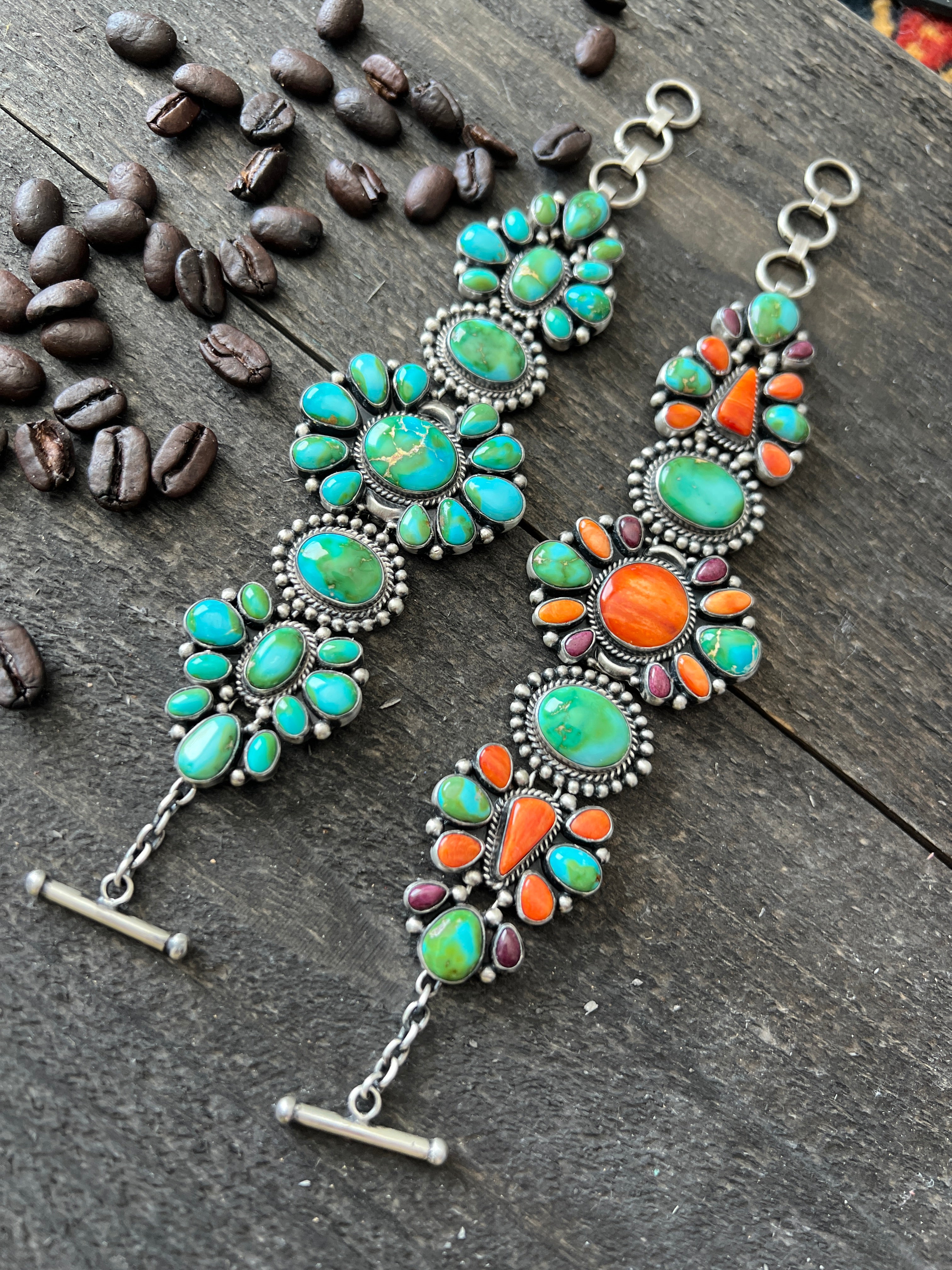 Stunning Sterling Silver, Sonoran Mountain Turquoise and Spiny Oyster Shell Cluster Link Bracelets by Diane Wylie