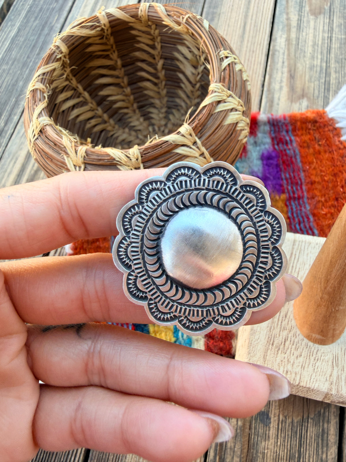 Handcrafted Sterling Silver Adjustable Concho Ring by Leander Tahe