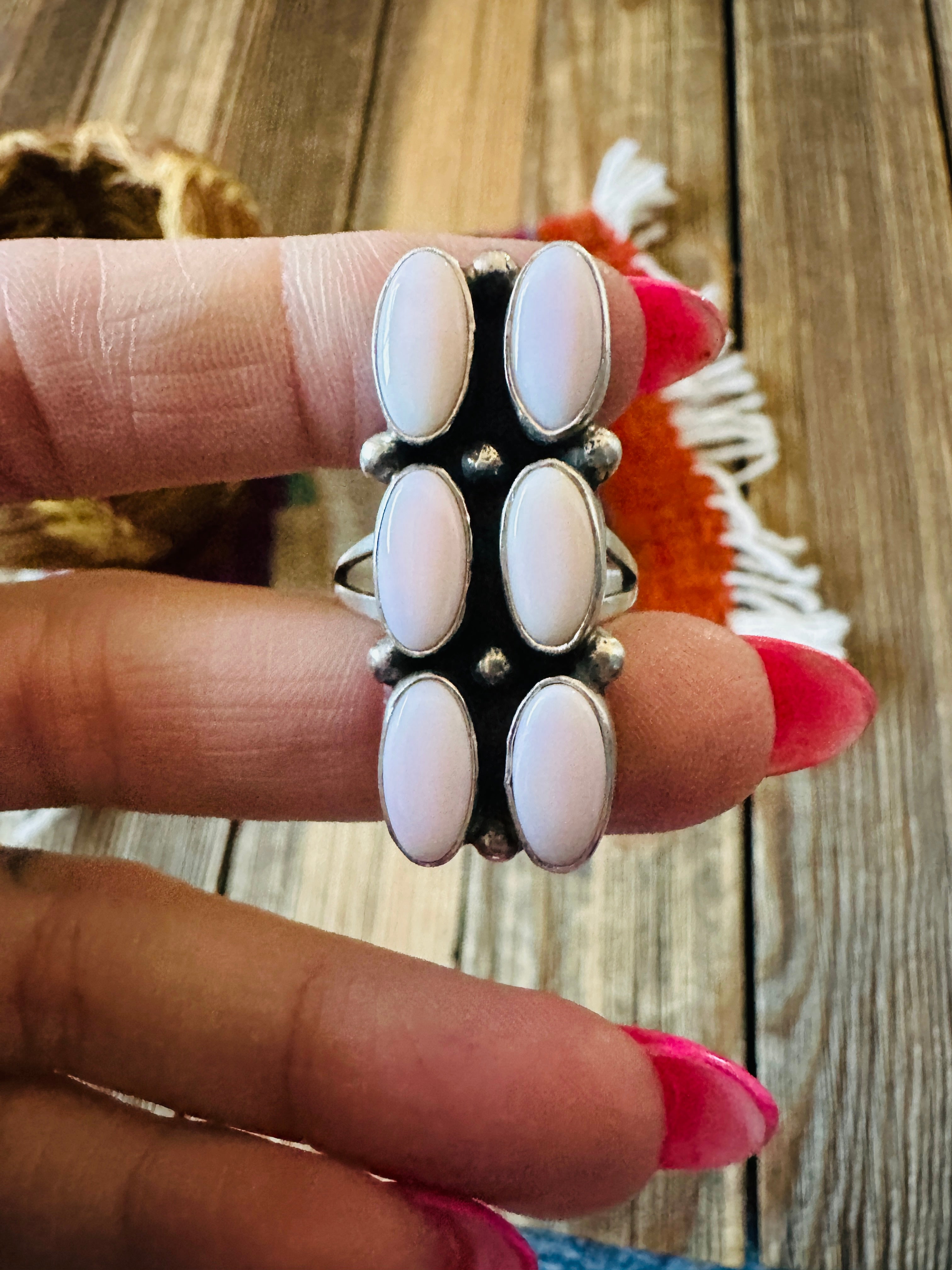 Handcrafted Queen Pink Conch & Sterling Silver Cluster Ring Size 9