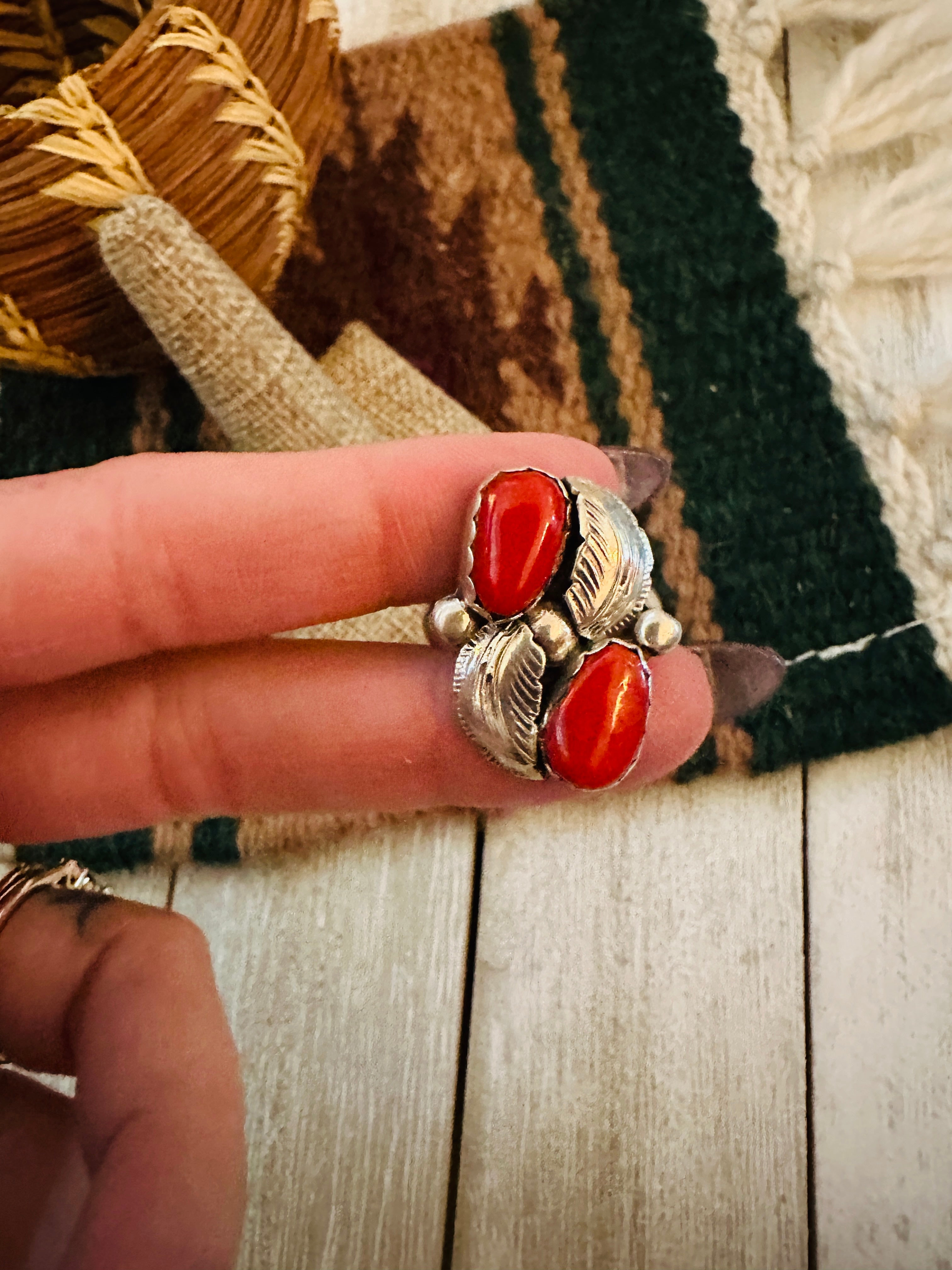 Old Pawn Handcrafted Coral & Sterling Silver Ring Size 8.5