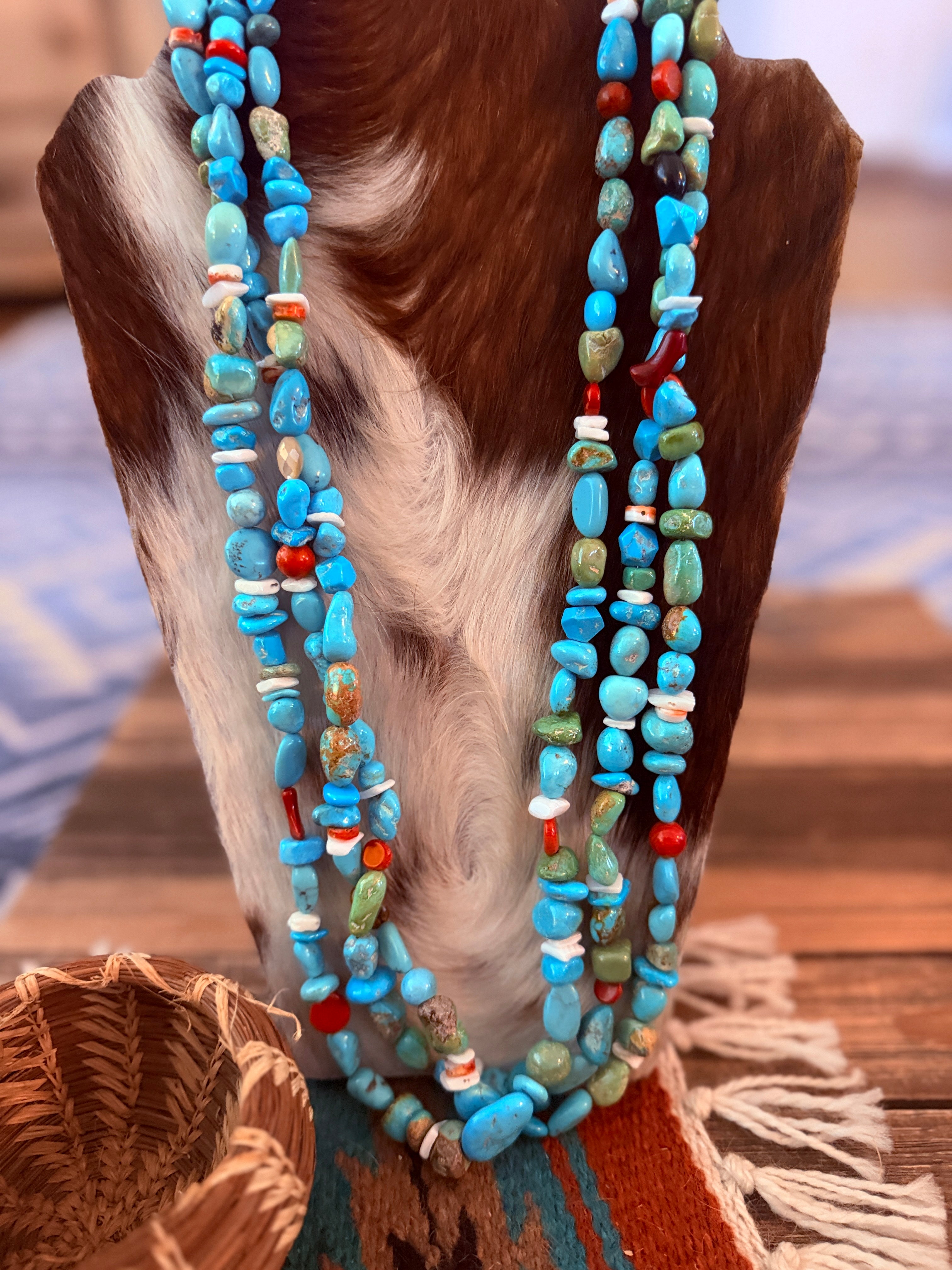 Old Pawn Handcrafted Turquoise, Coral & Shell Beaded 30” Necklace