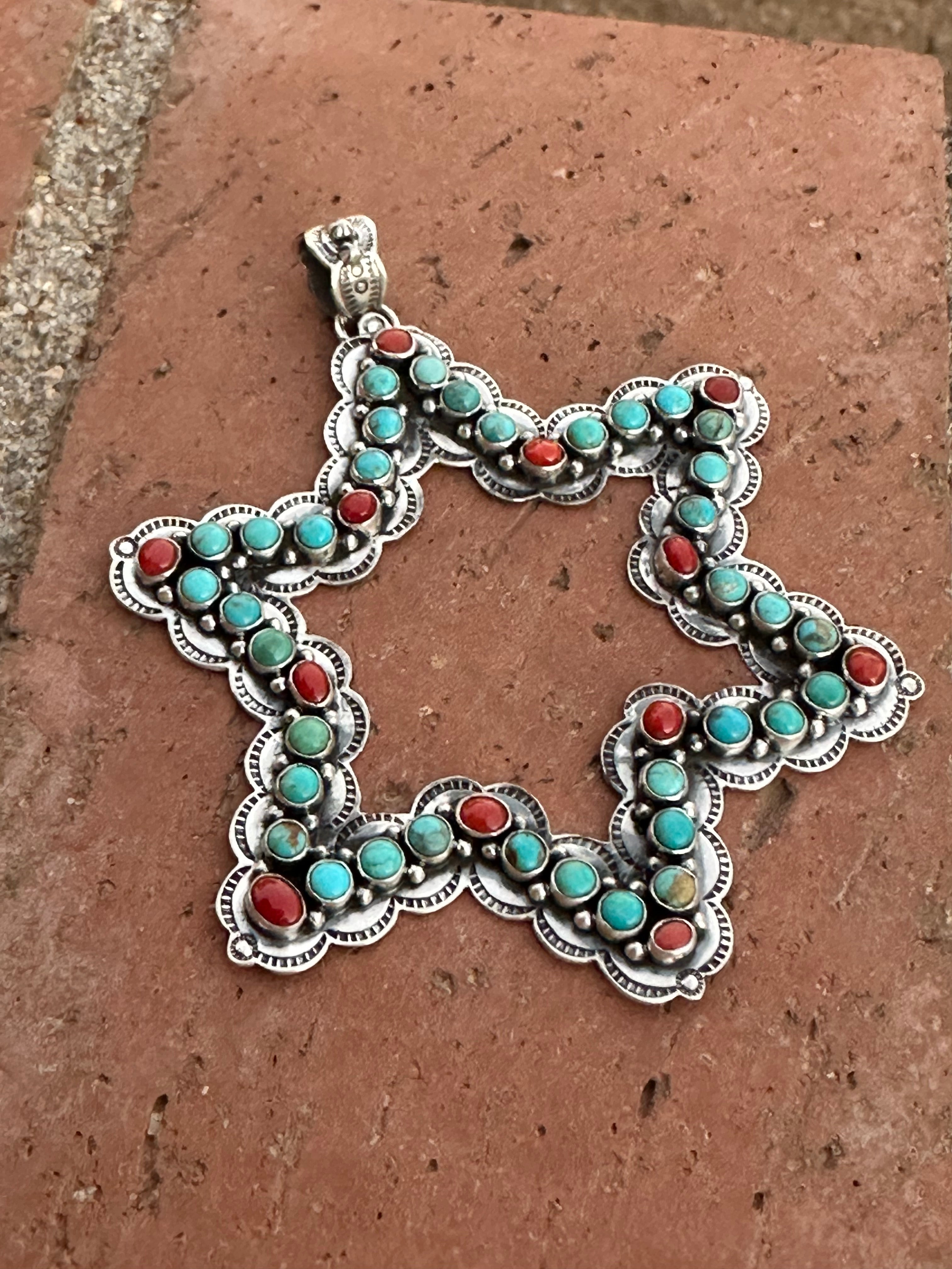 Handmade Sterling Silver, Coral & Turquoise Christmas Star Pendant