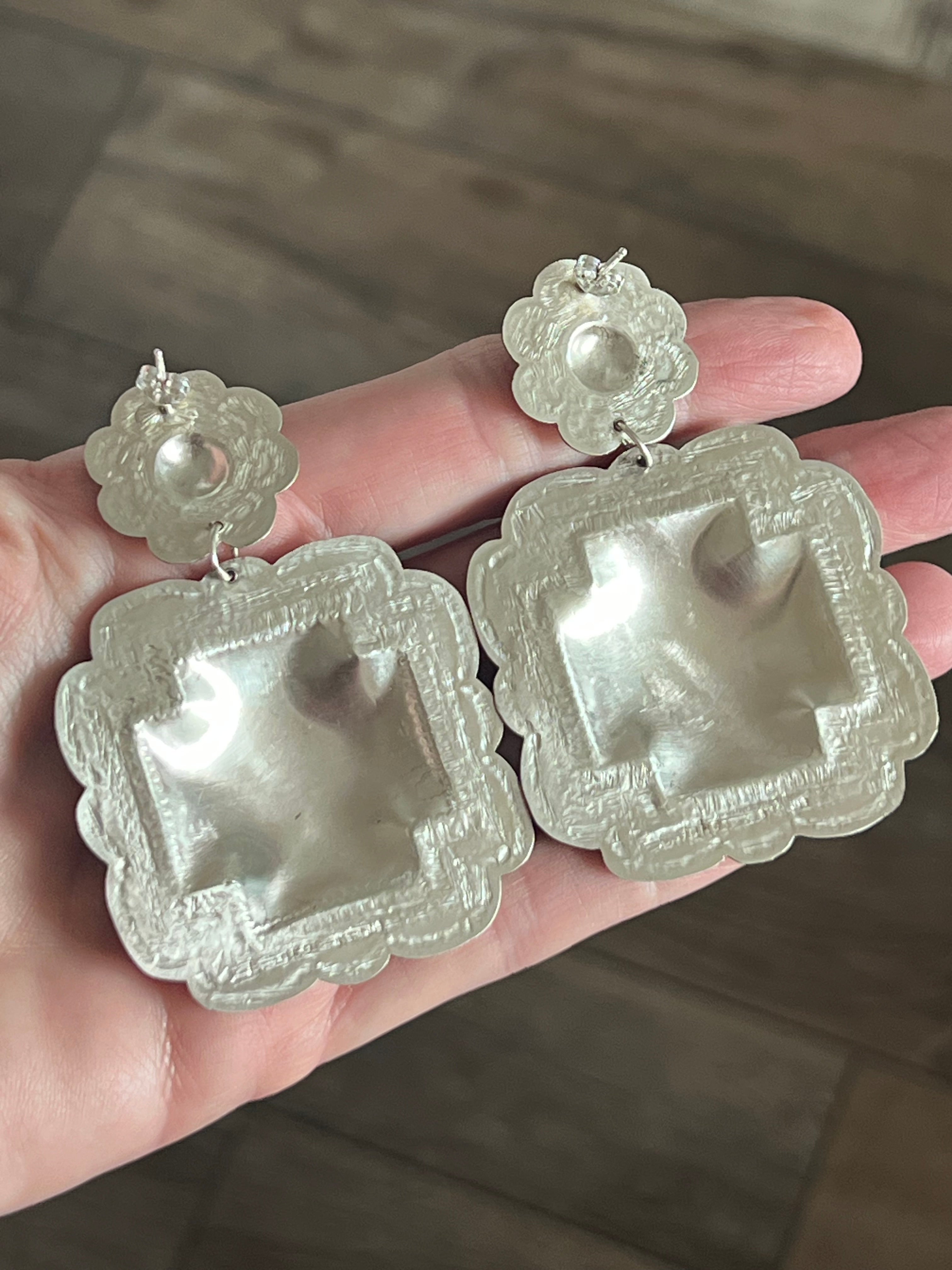 Handcrafted Sterling Silver Stamped Repousse Santa Fe Cross Earrings by Leander Tahe, C3