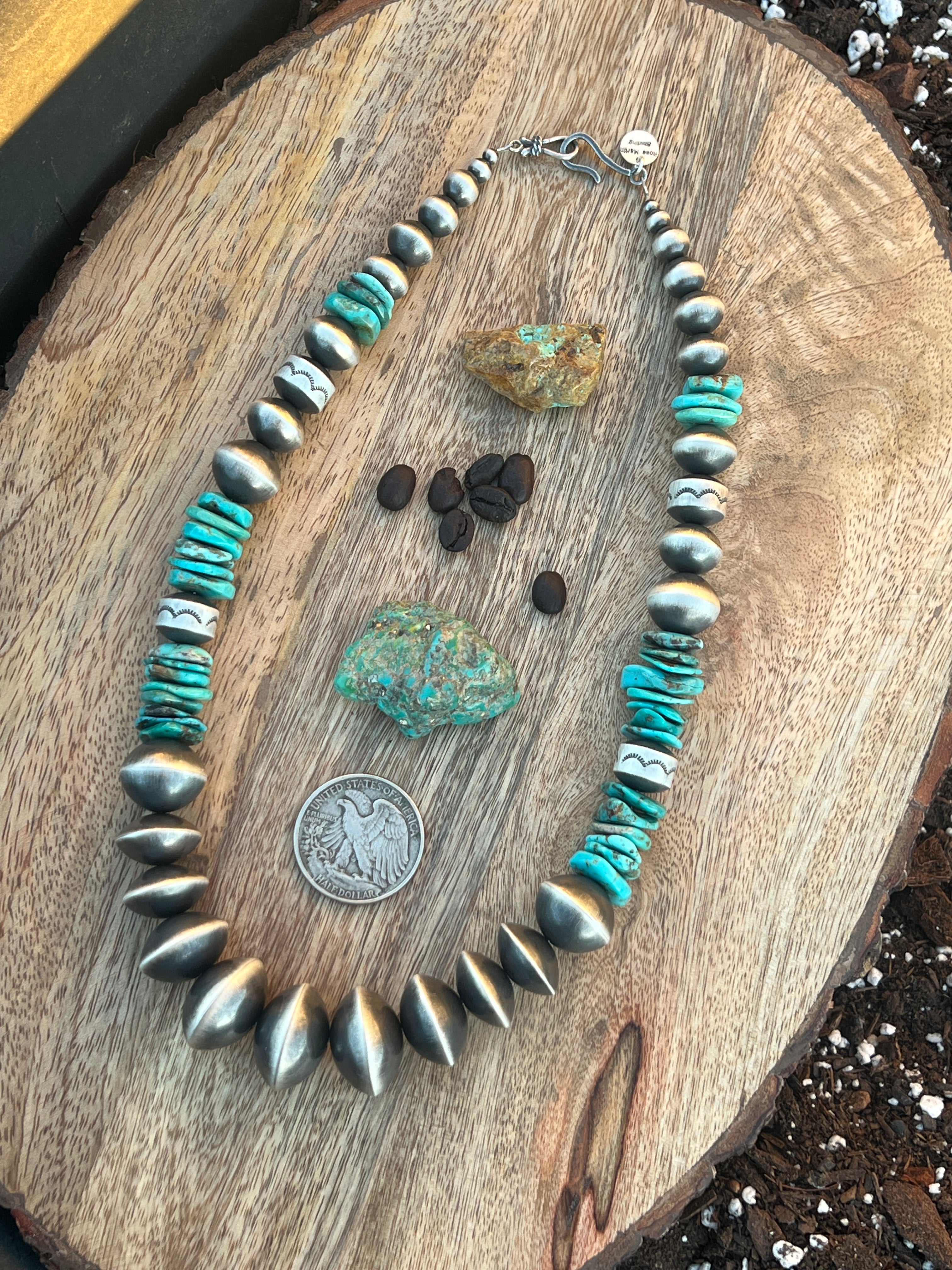 Handcrafted Chunky Sterling Silver and Kingman Turquoise Beaded Necklace by Rose Martin, 21 inches