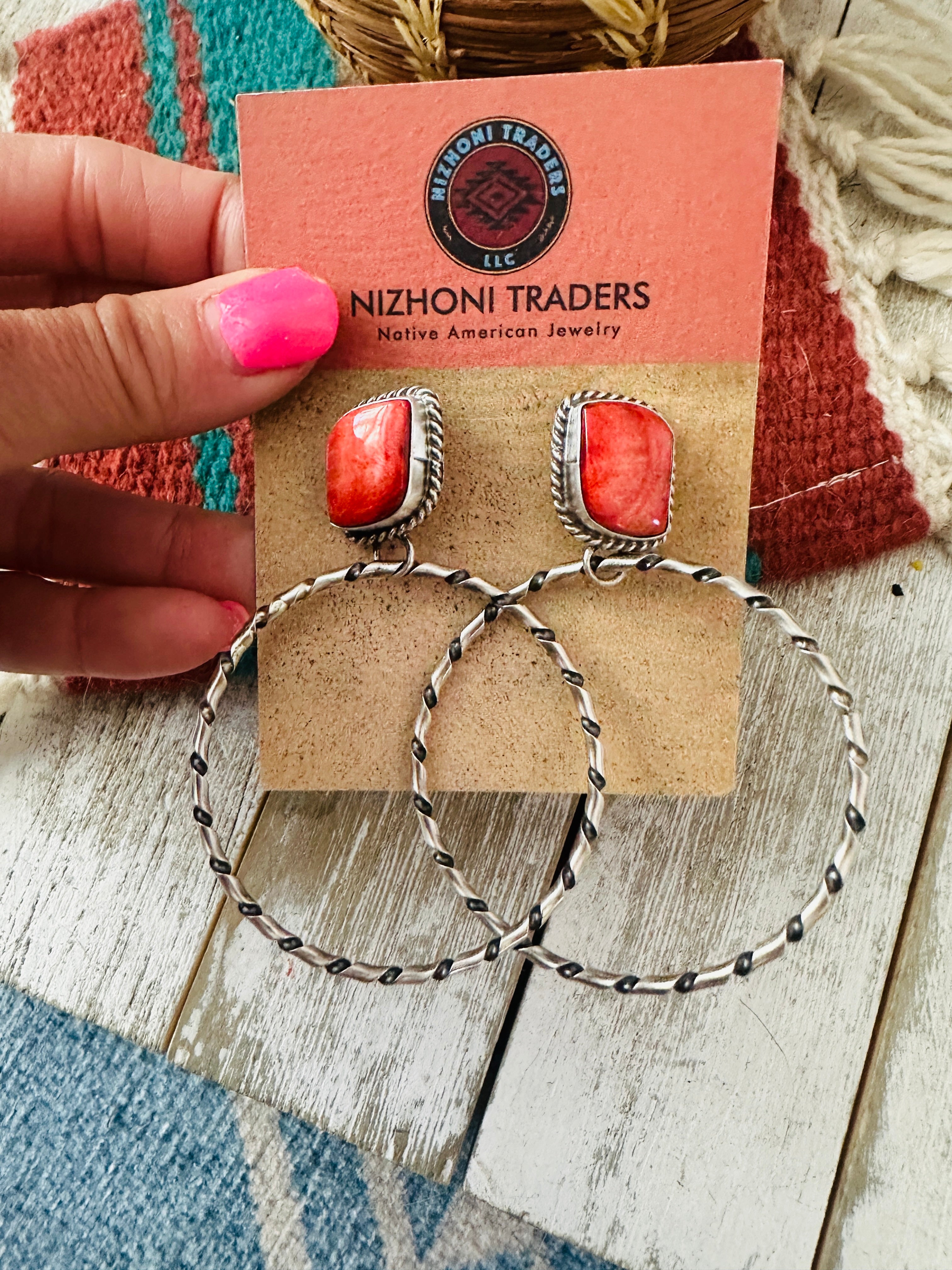 Navajo Orange Spiny and Sterling Silver Dangle Hoop Earrings