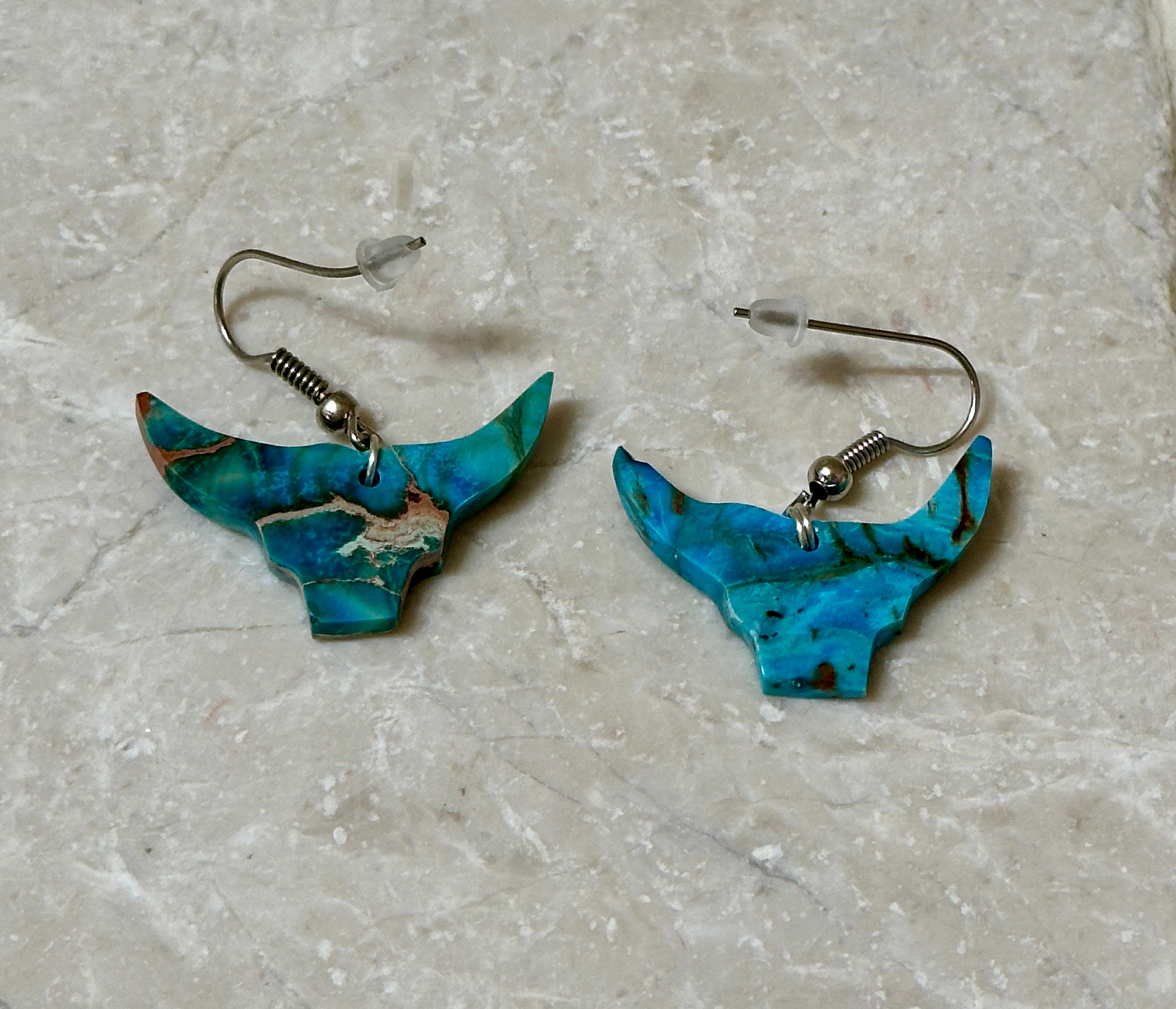 Handcrafted Blue Indigo Turquoise & Sterling Silver Bull head Slab Earrings