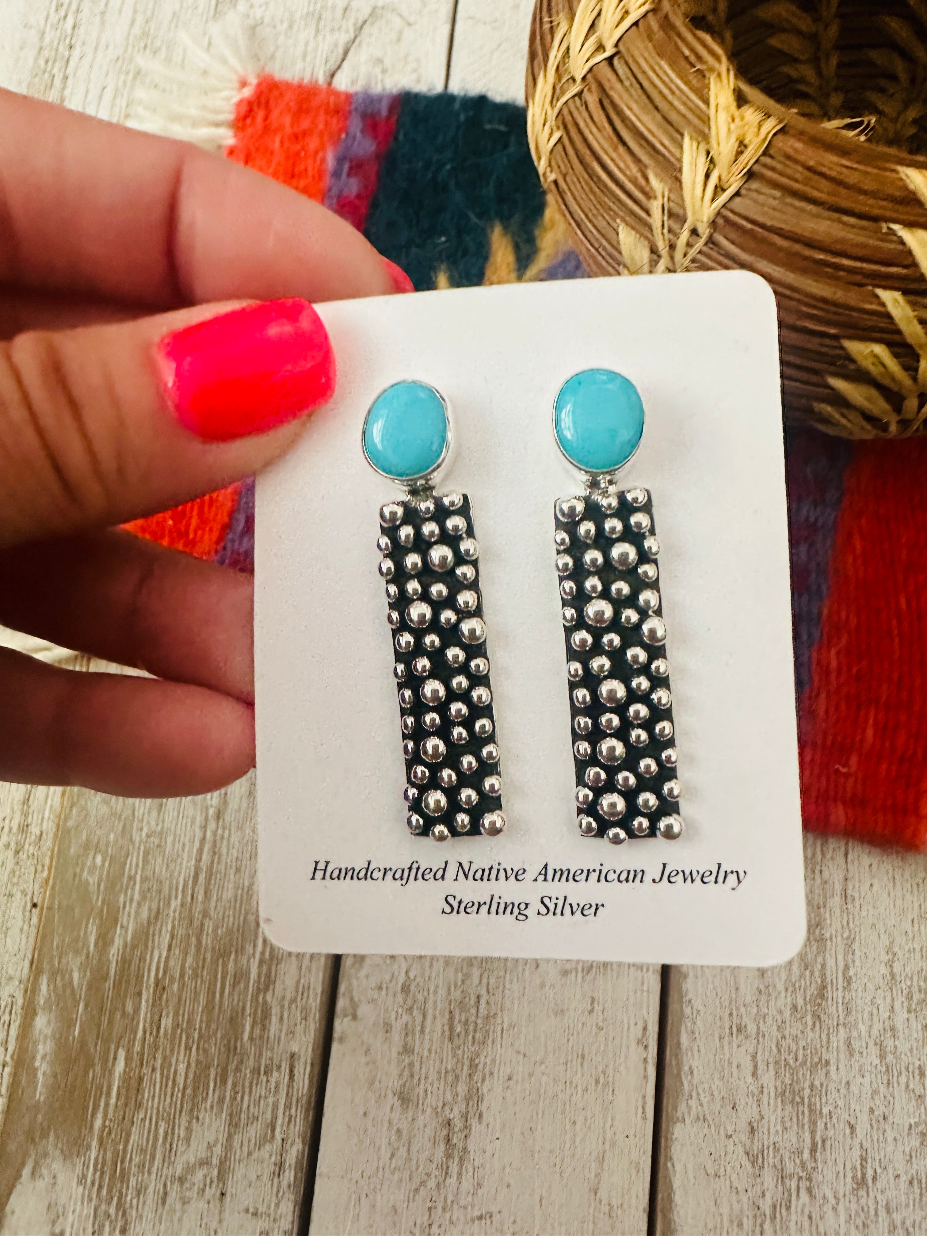 Navajo Turquoise And Sterling Silver Drop Earrings