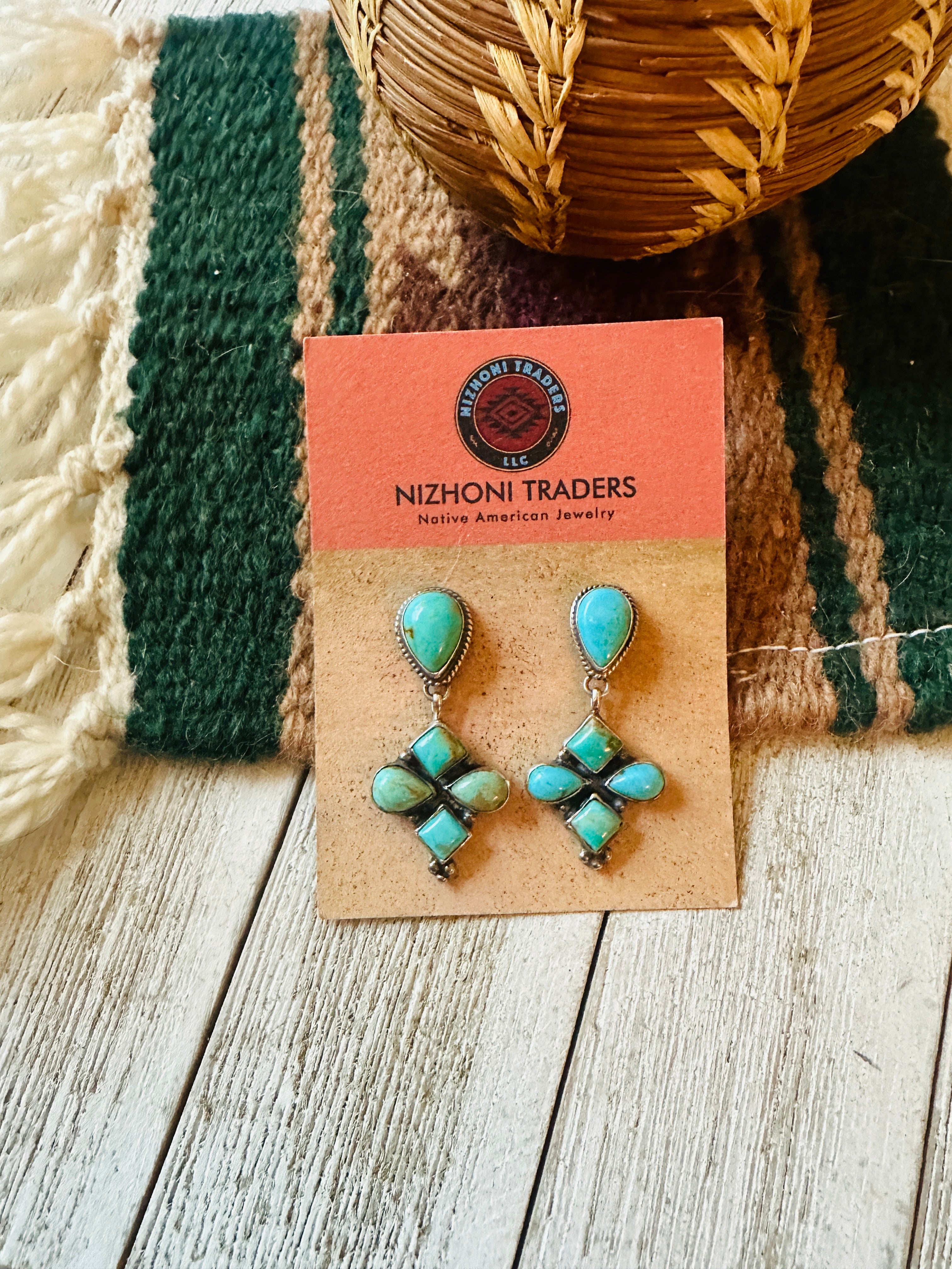 Navajo Turquoise & Sterling Silver Cluster Dangle Earrings