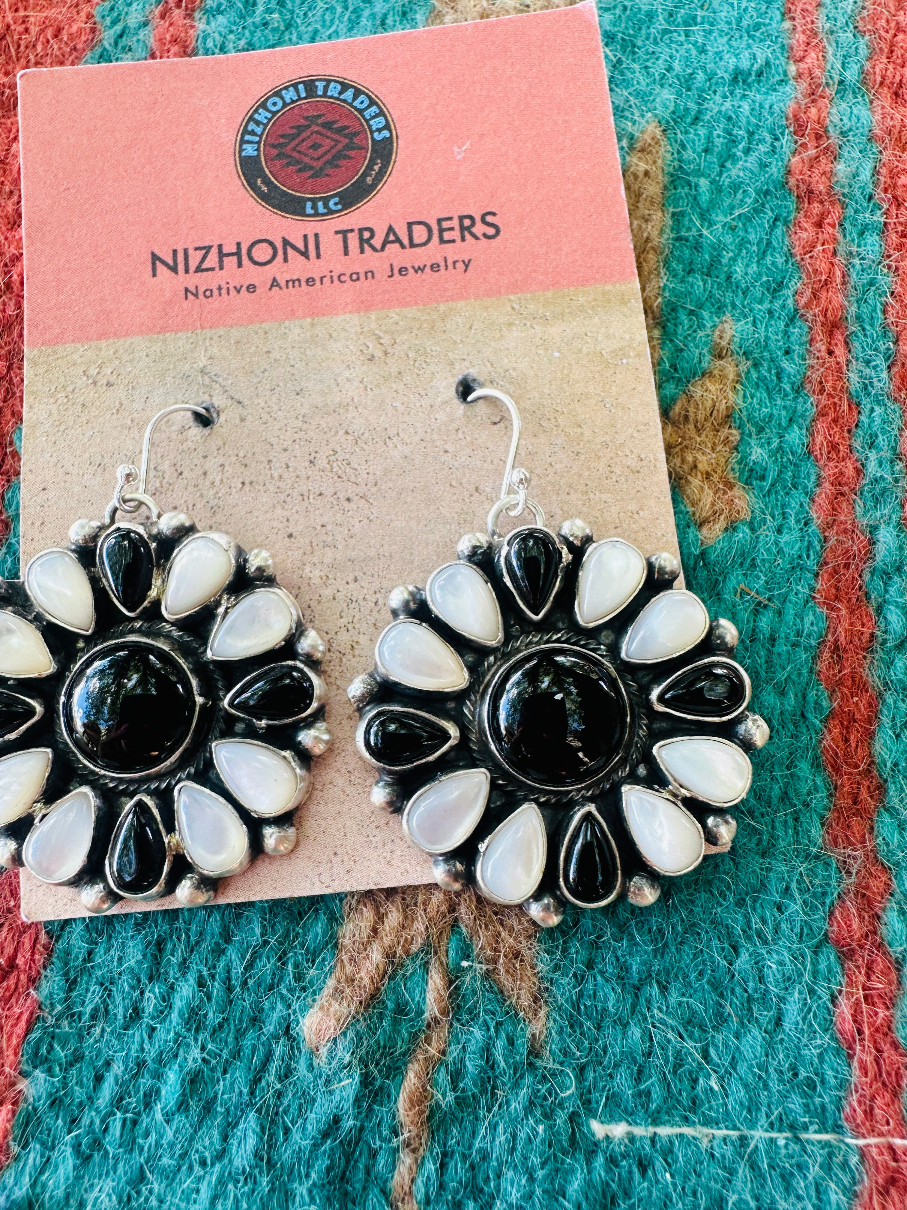 Handcrafted Mother of Pearl, Onyx & Sterling Silver Cluster Dangle Earrings