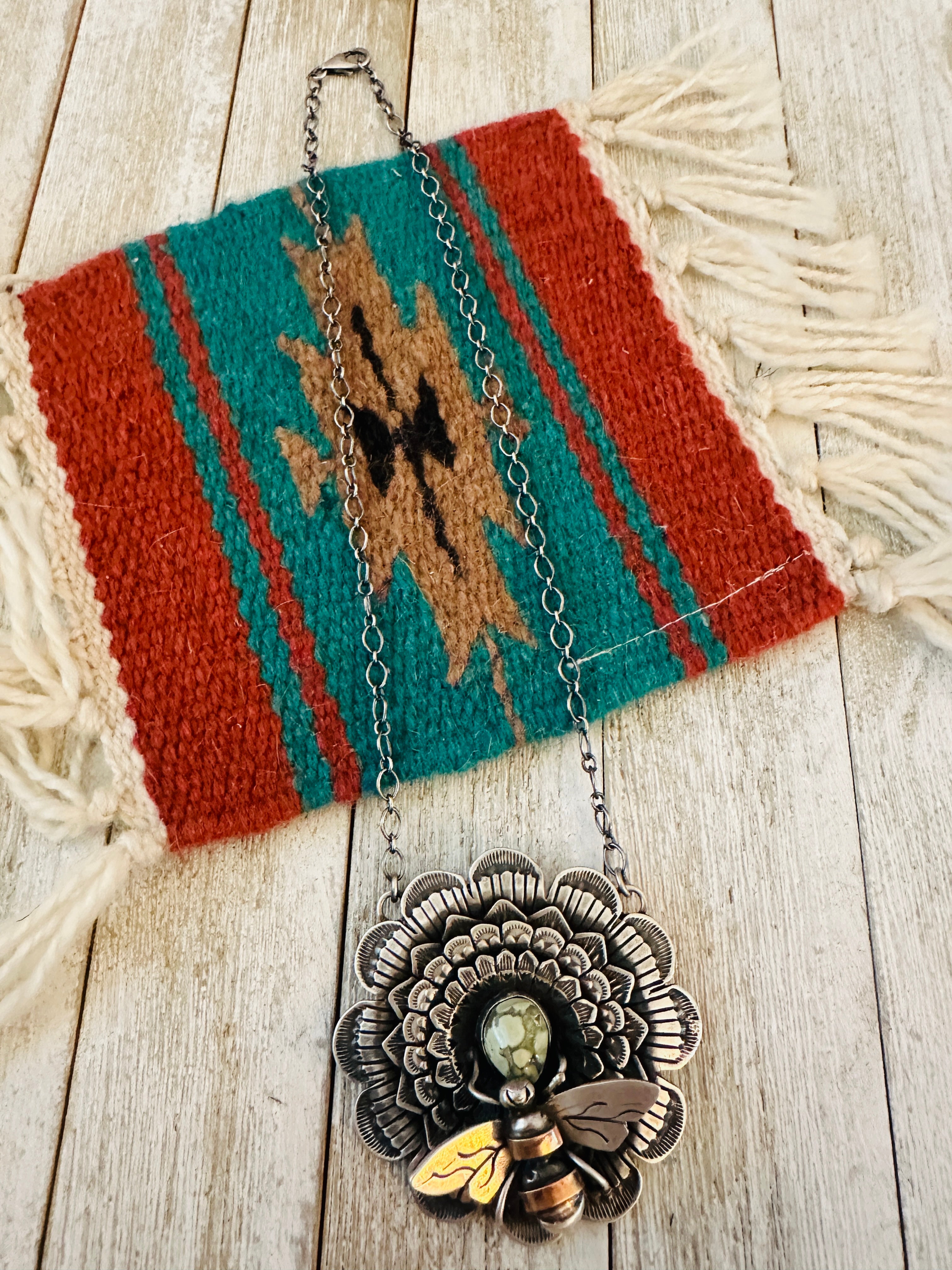 Handcrafted Sterling Silver and Turquoise Sunflower Necklace with Bee by Russell Sam