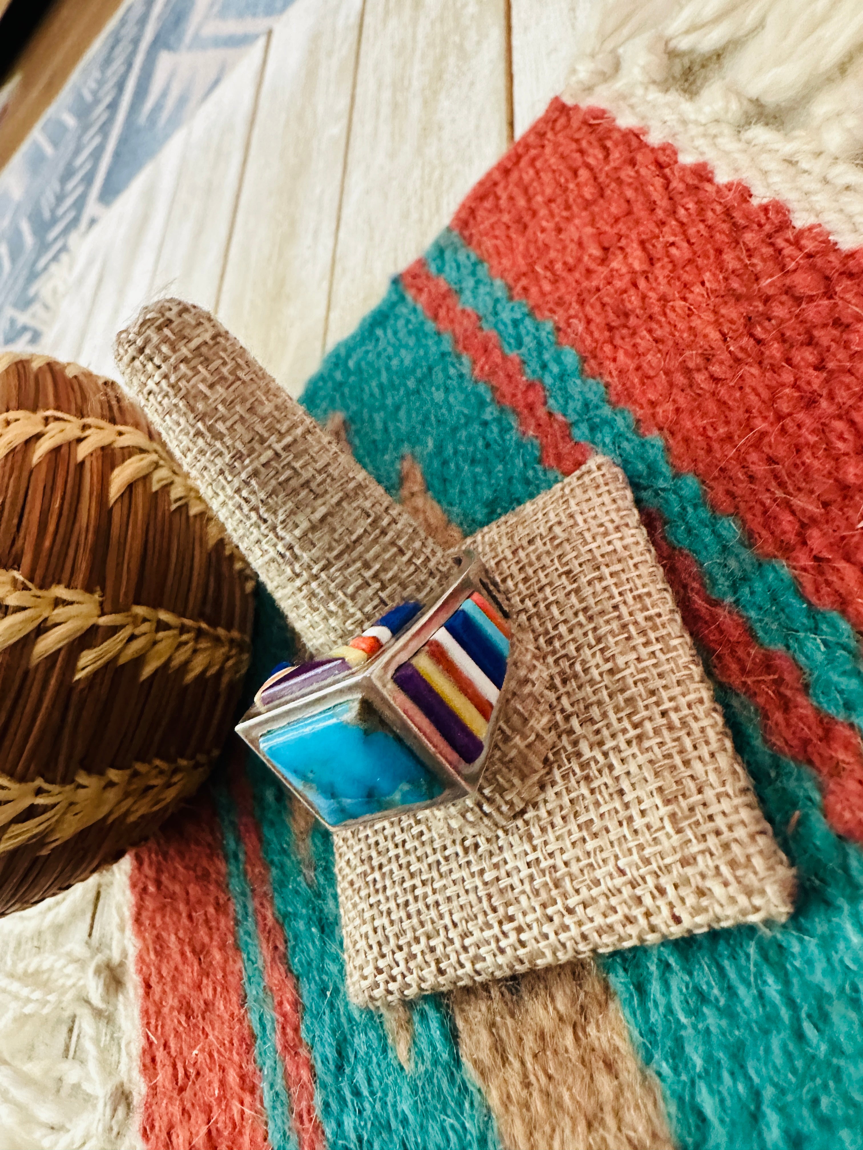 Old Pawn Handcrafted Multi Stone & Sterling Silver Inlay Ring Size 10.75