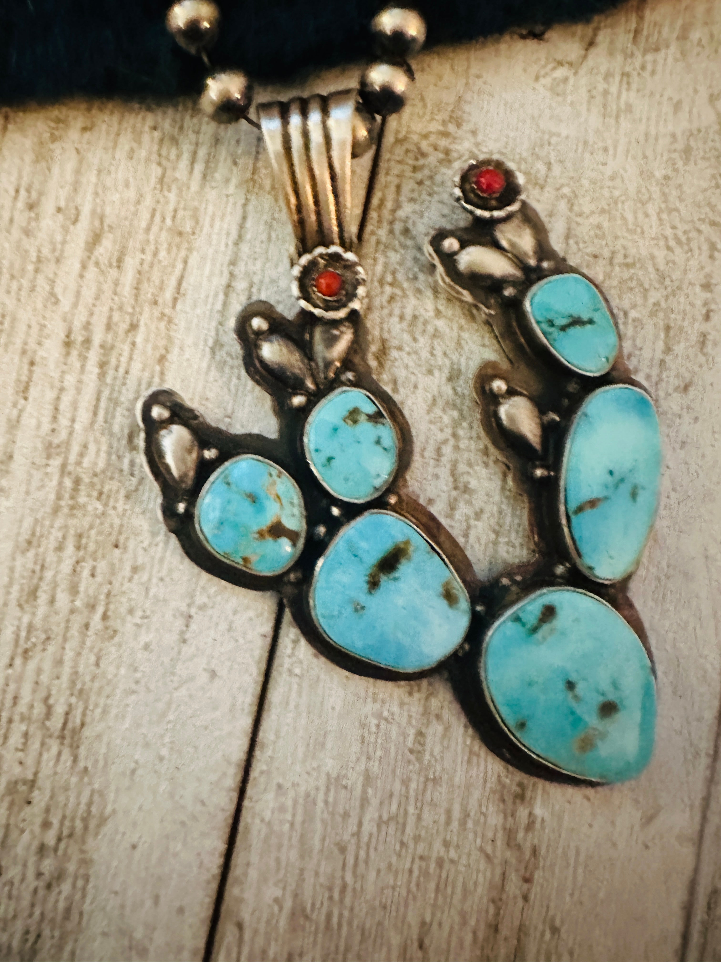 Navajo Turquoise, Coral and Sterling Silver Cactus Pendant