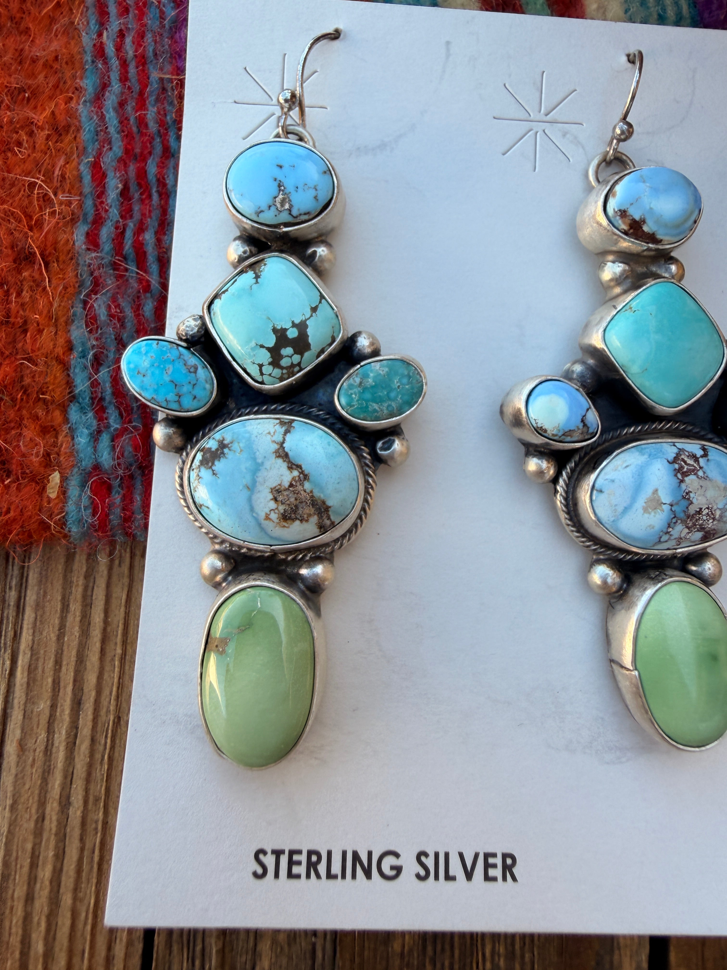 Handcrafted Multi Turquoise & Sterling Silver Cluster Dangle Earrings by Travis Jim