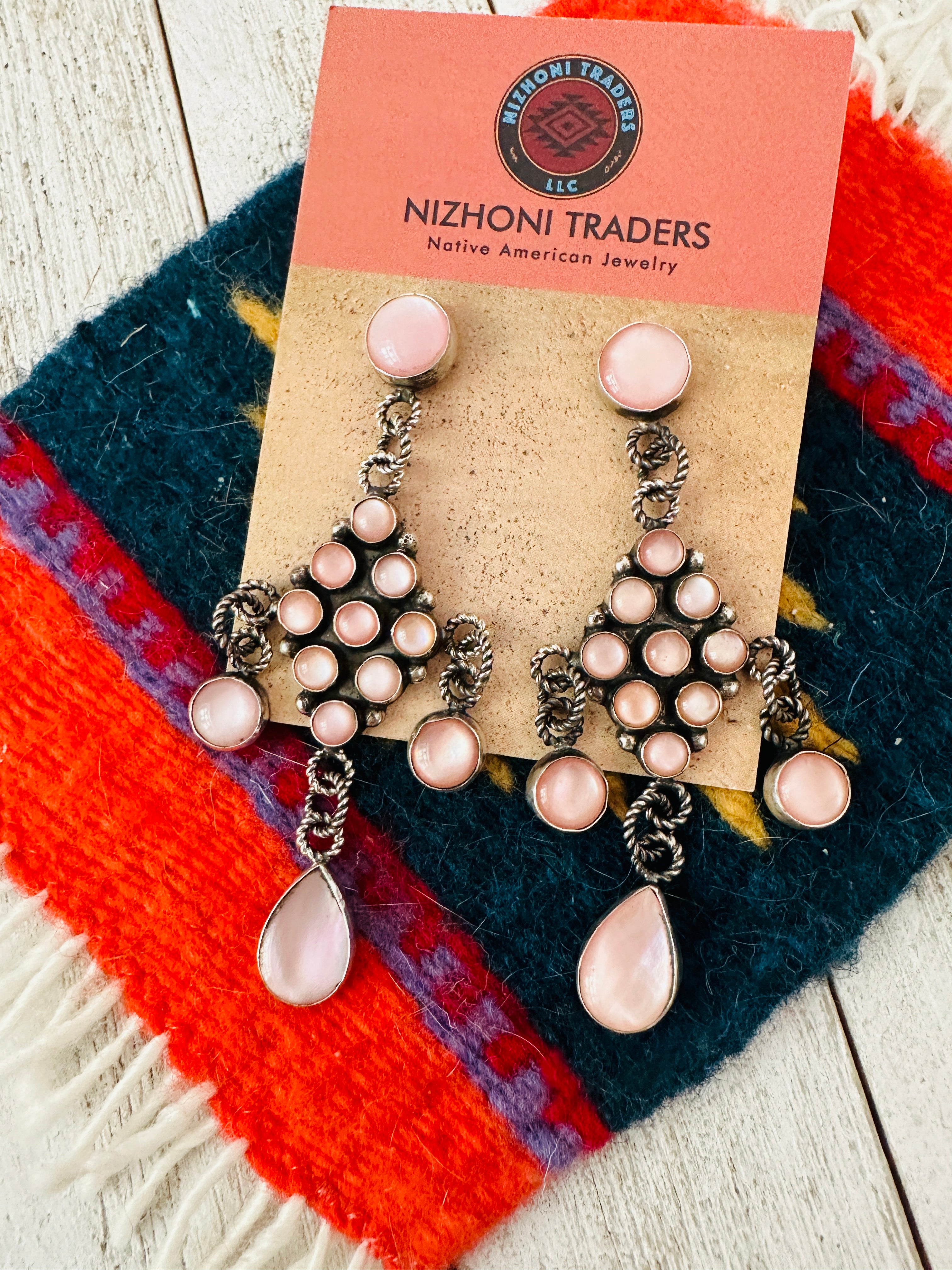 Navajo Pink Mother of Pearl & Sterling Silver Dangle Earrings