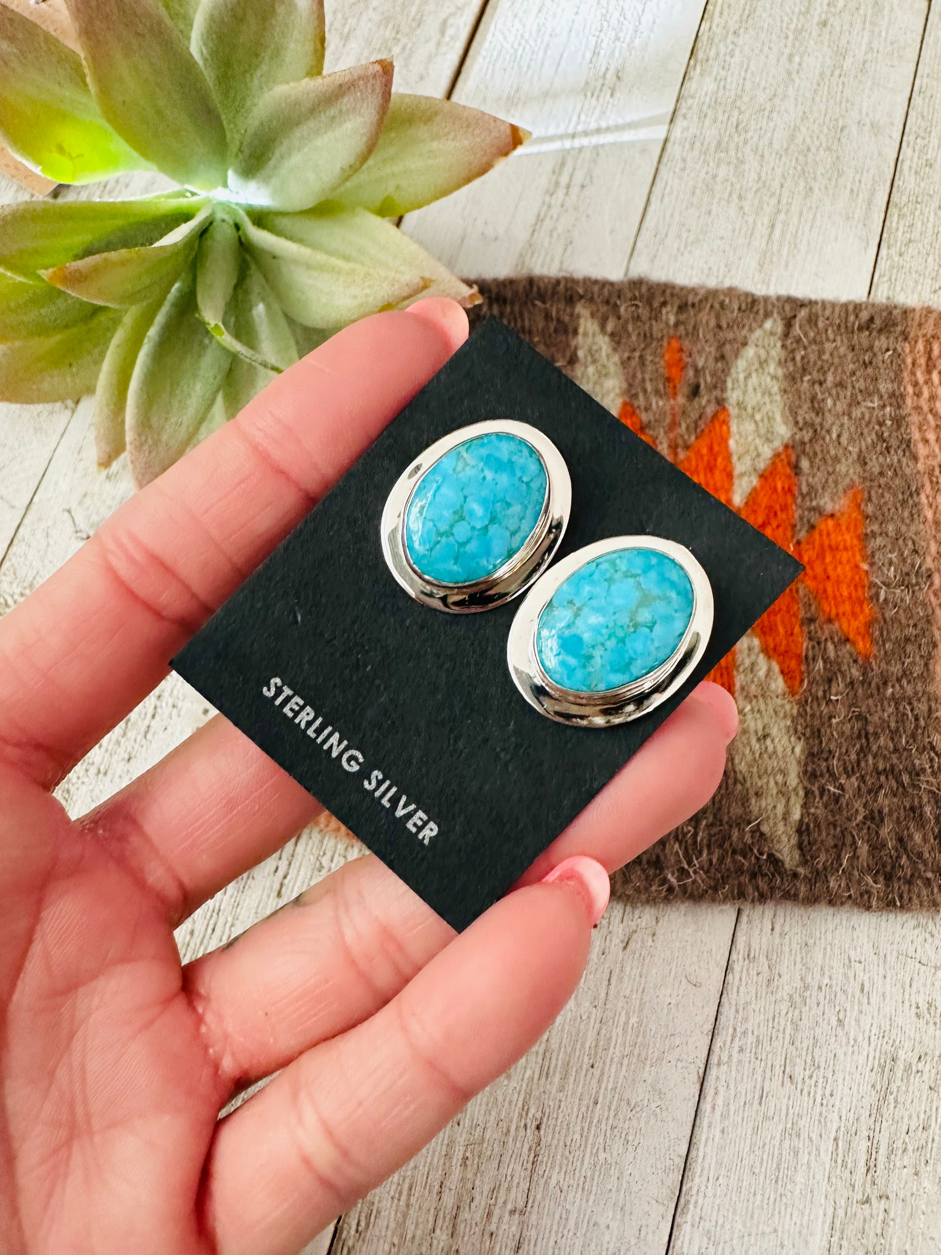 Navajo Turquoise and Sterling Silver Oval Post Earrings