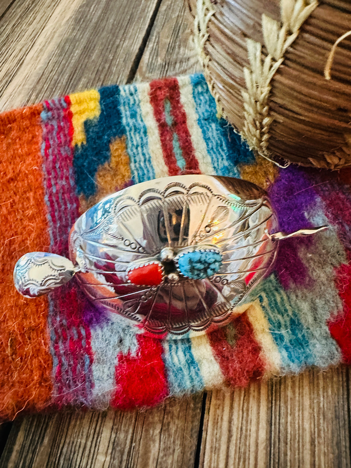 Handcrafted Turquoise, Coral & Sterling Silver Concho Hair Pin
