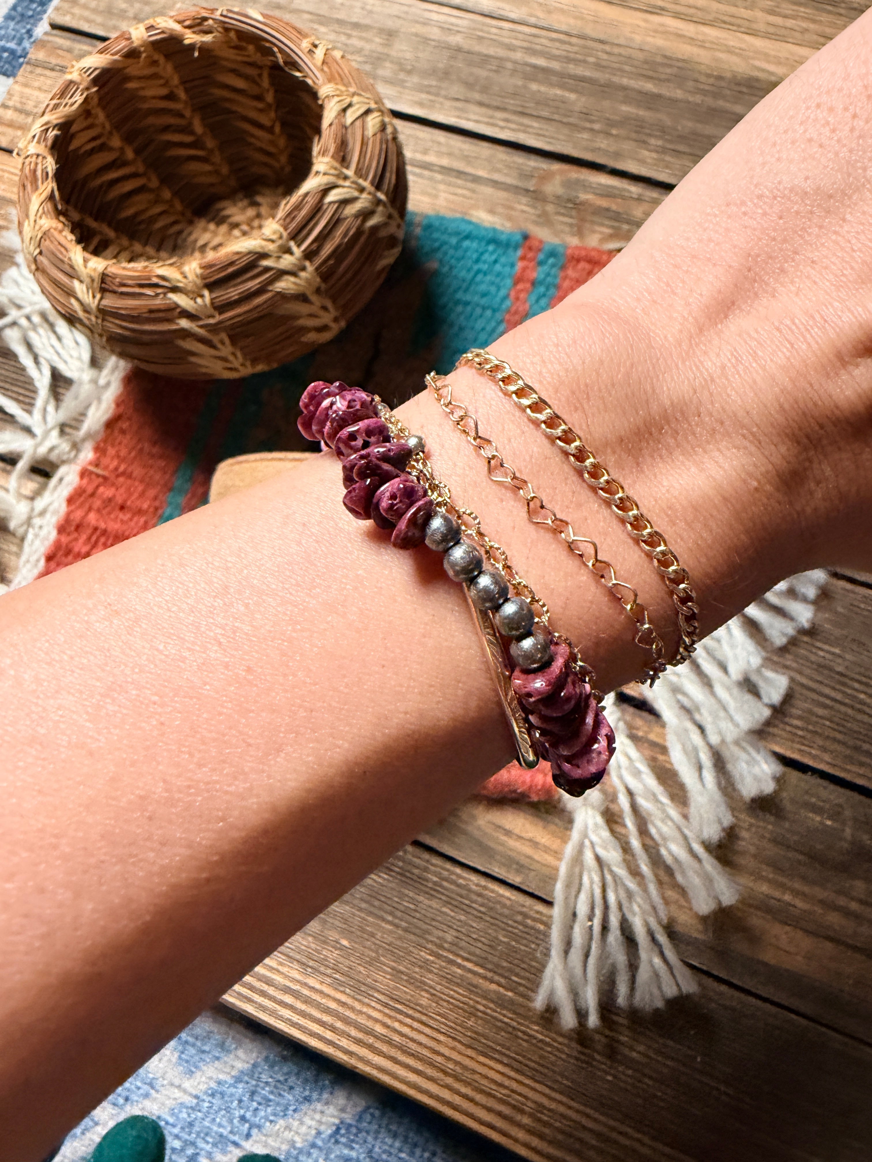 Handcrafted Purple Spiny Oyster & Sterling Silver Beaded Stretch Bracelet