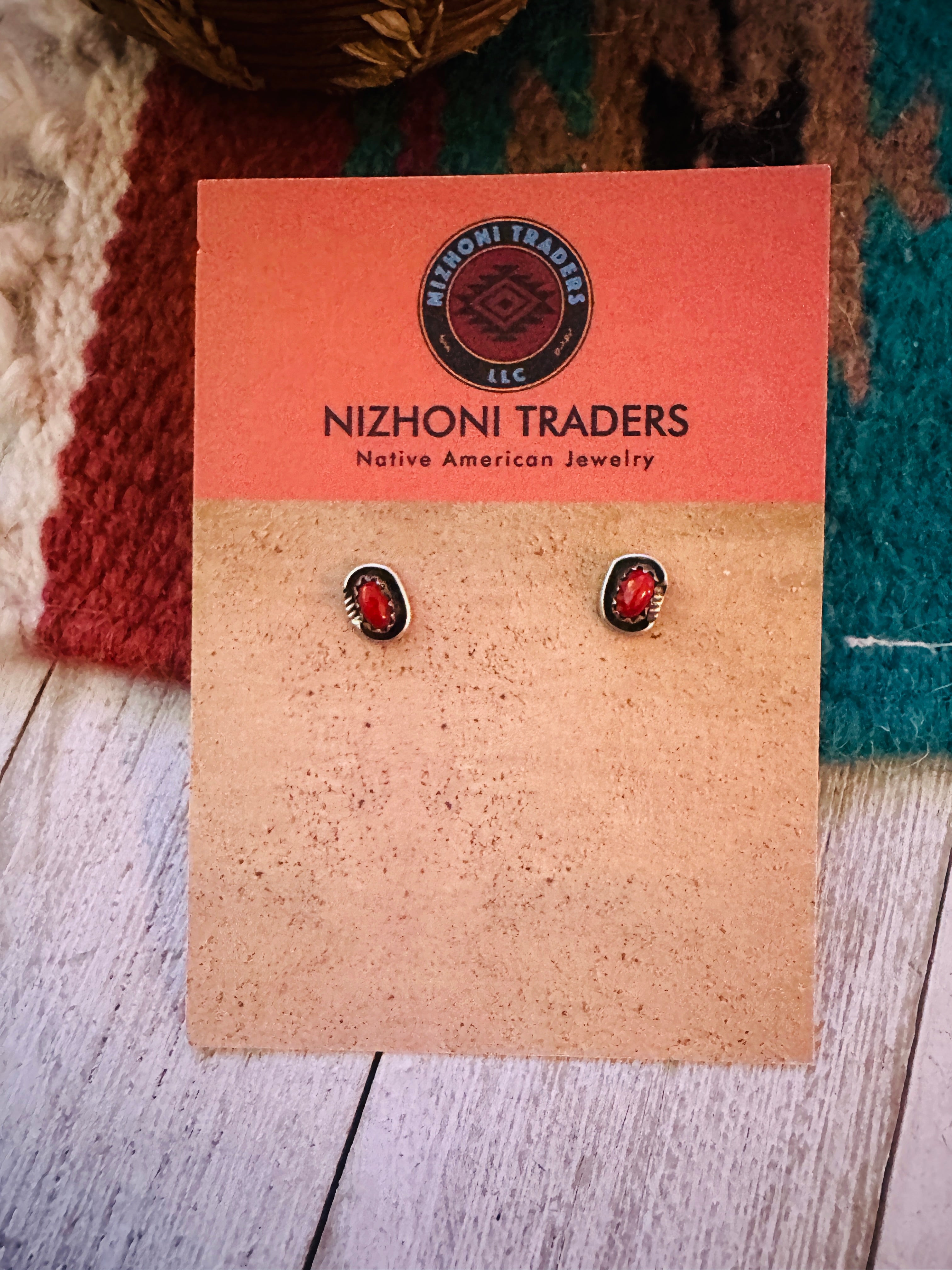 Navajo Coral and Sterling Silver Shadowbox Stud Earrings