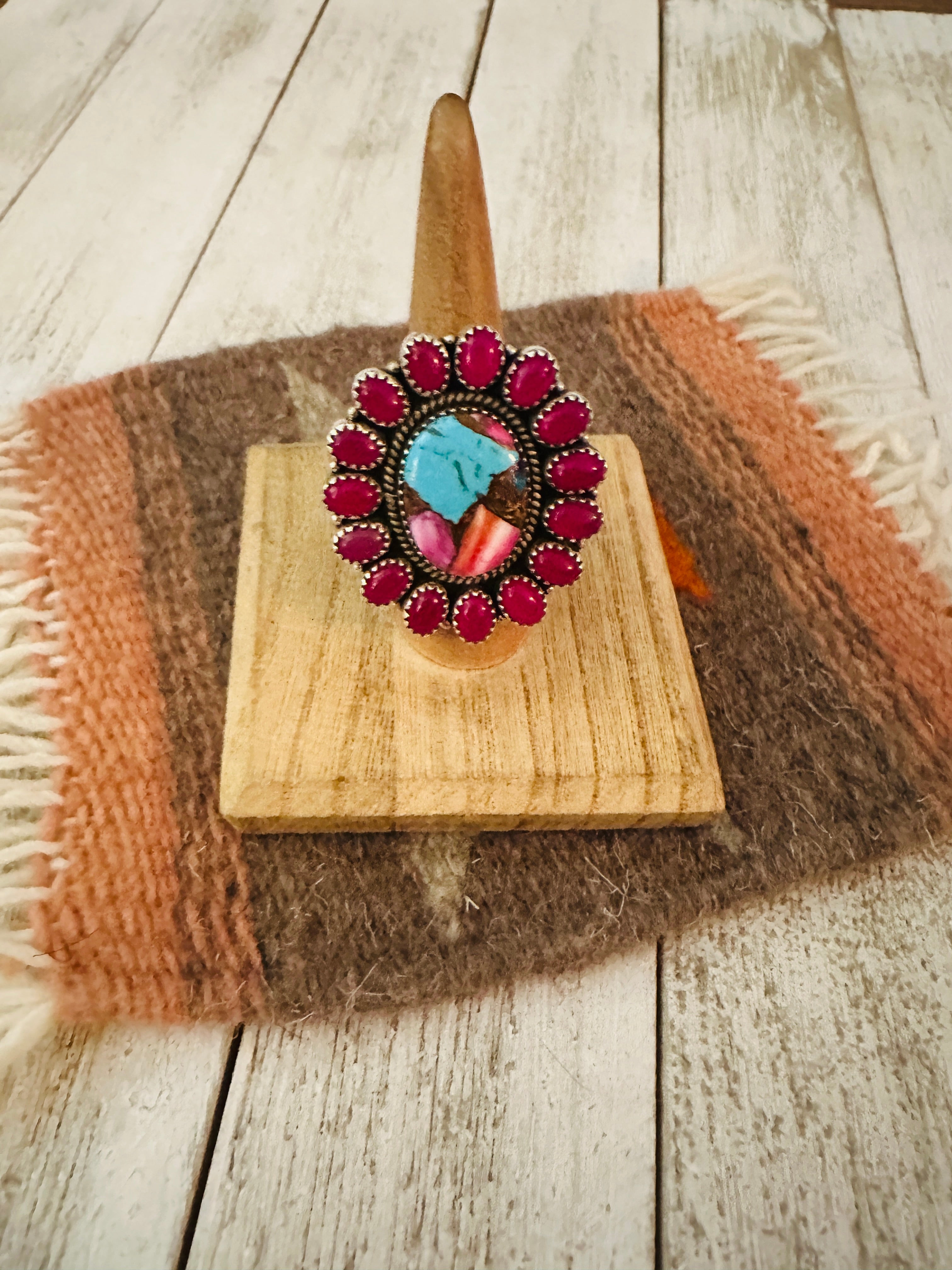 Handmade Sterling Silver, Pink Onyx & Pink Dream Cluster Adjustable Ring by Nizhoni