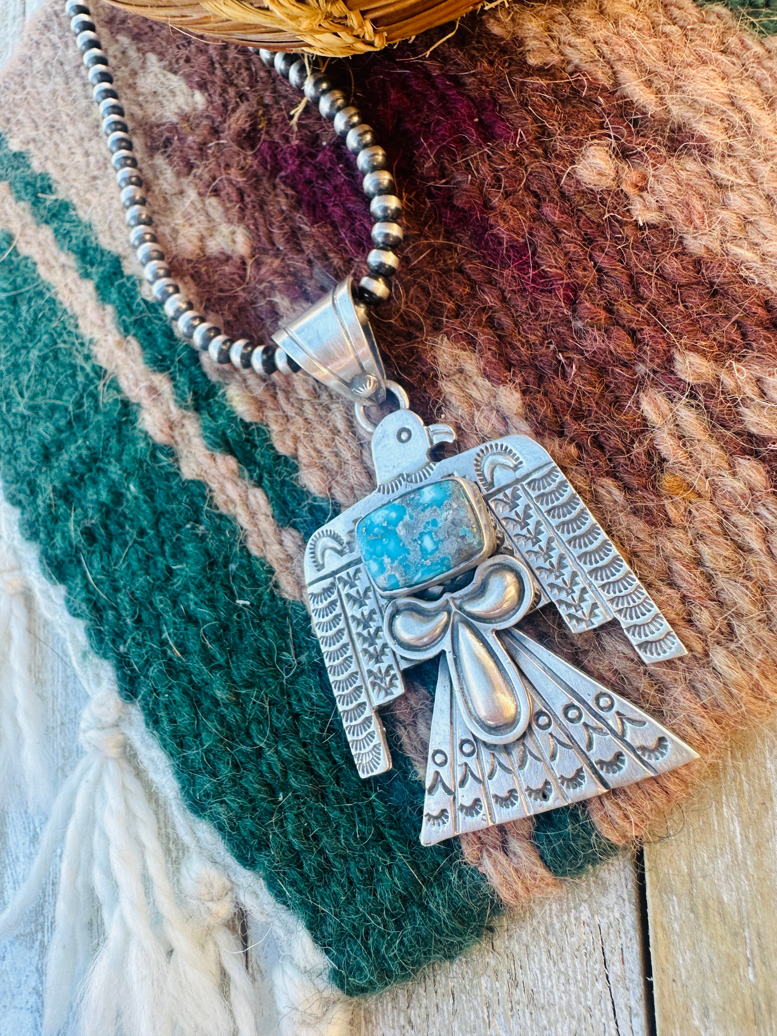 Handcrafted Sterling Silver & Turquoise Thunderbird Pendant by Leroy James