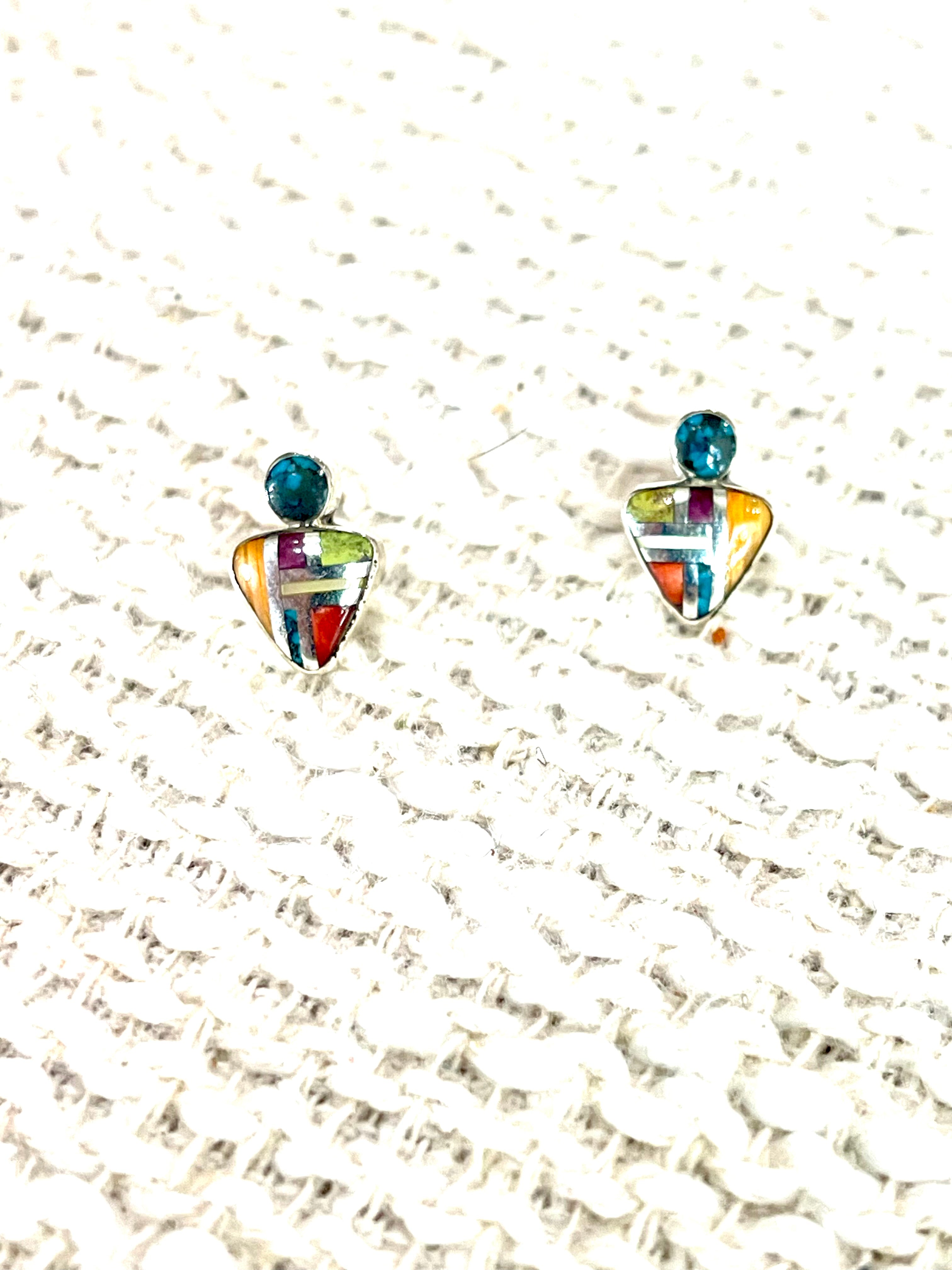 Beautiful Handmade Sterling Silver & Multi Stone Inlay Post Earrings