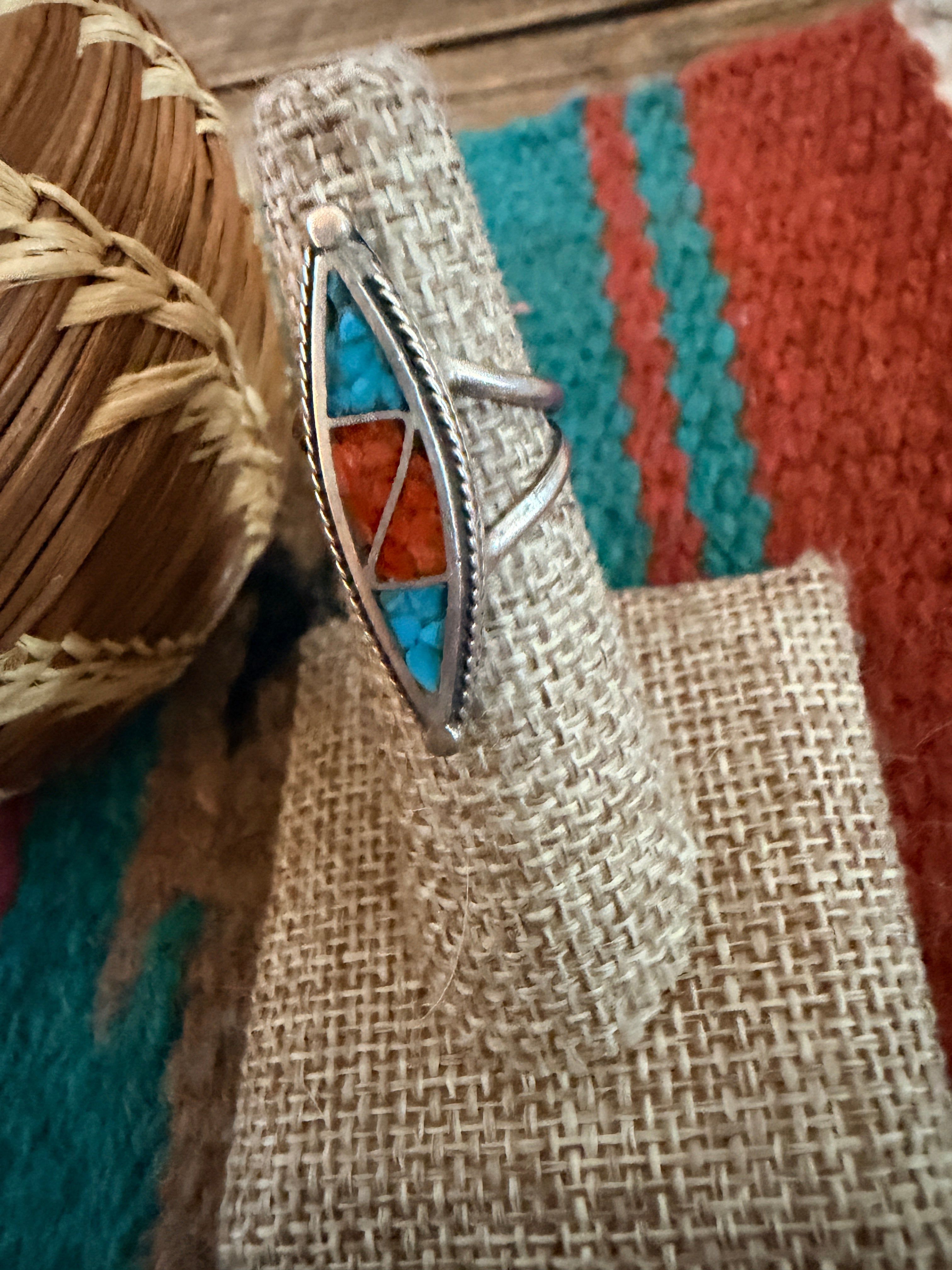 Old Pawn Handcrafted Turquoise, Coral & Sterling Silver Chip Inlay Ring Size 5