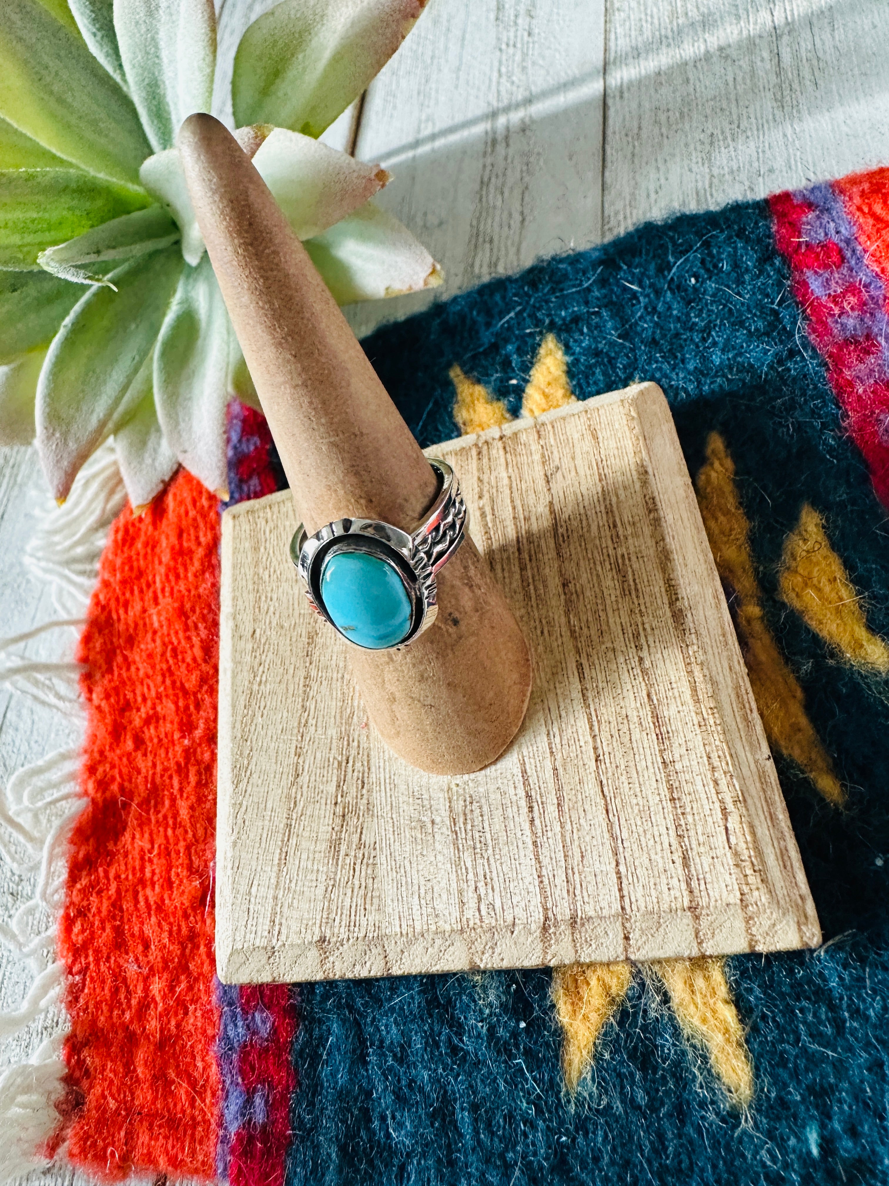 Navajo Turquoise & Sterling Silver Shadowbox Ring Size 7