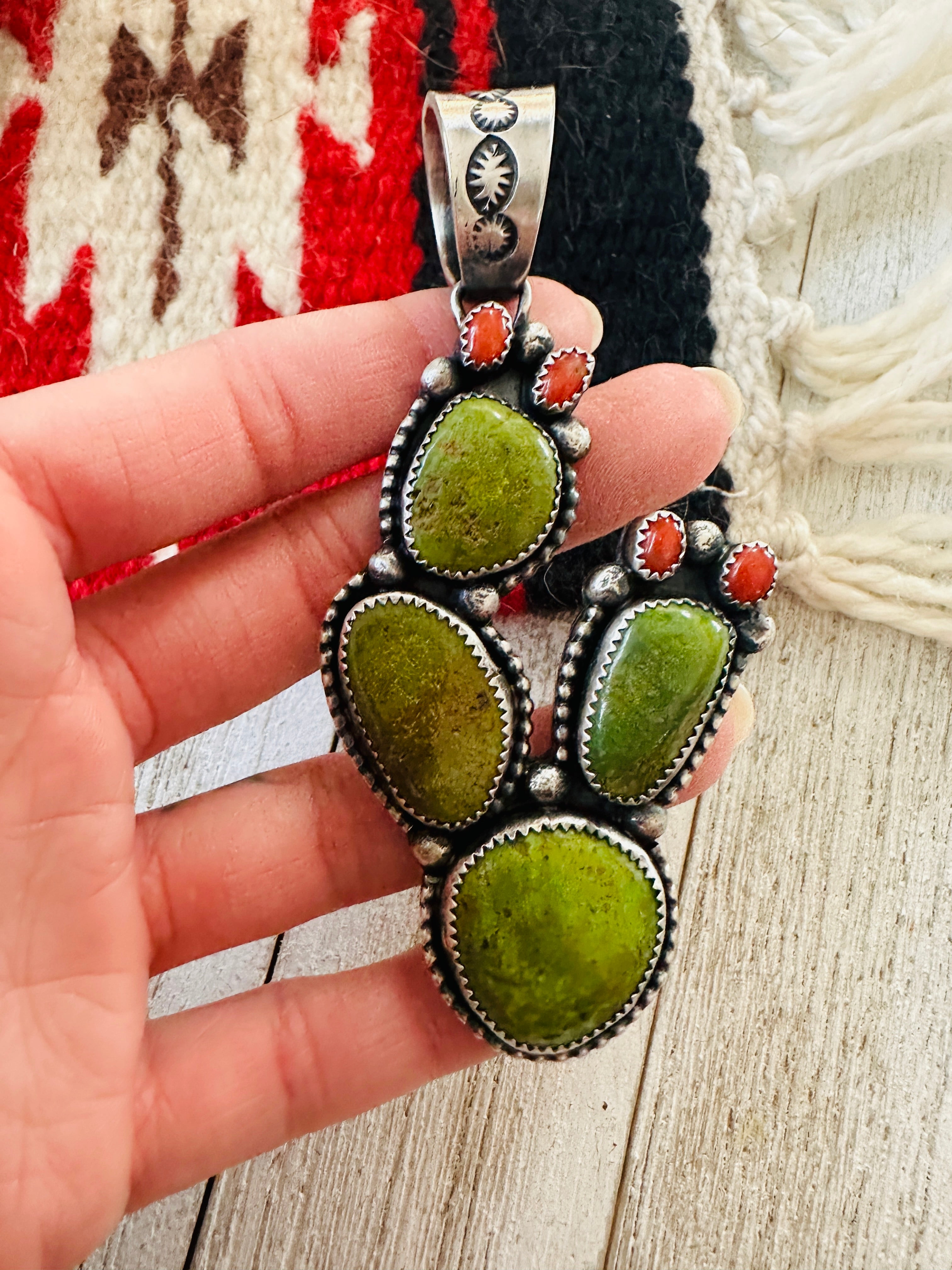 Navajo Turquoise, Coral and Sterling Silver Cactus Pendant