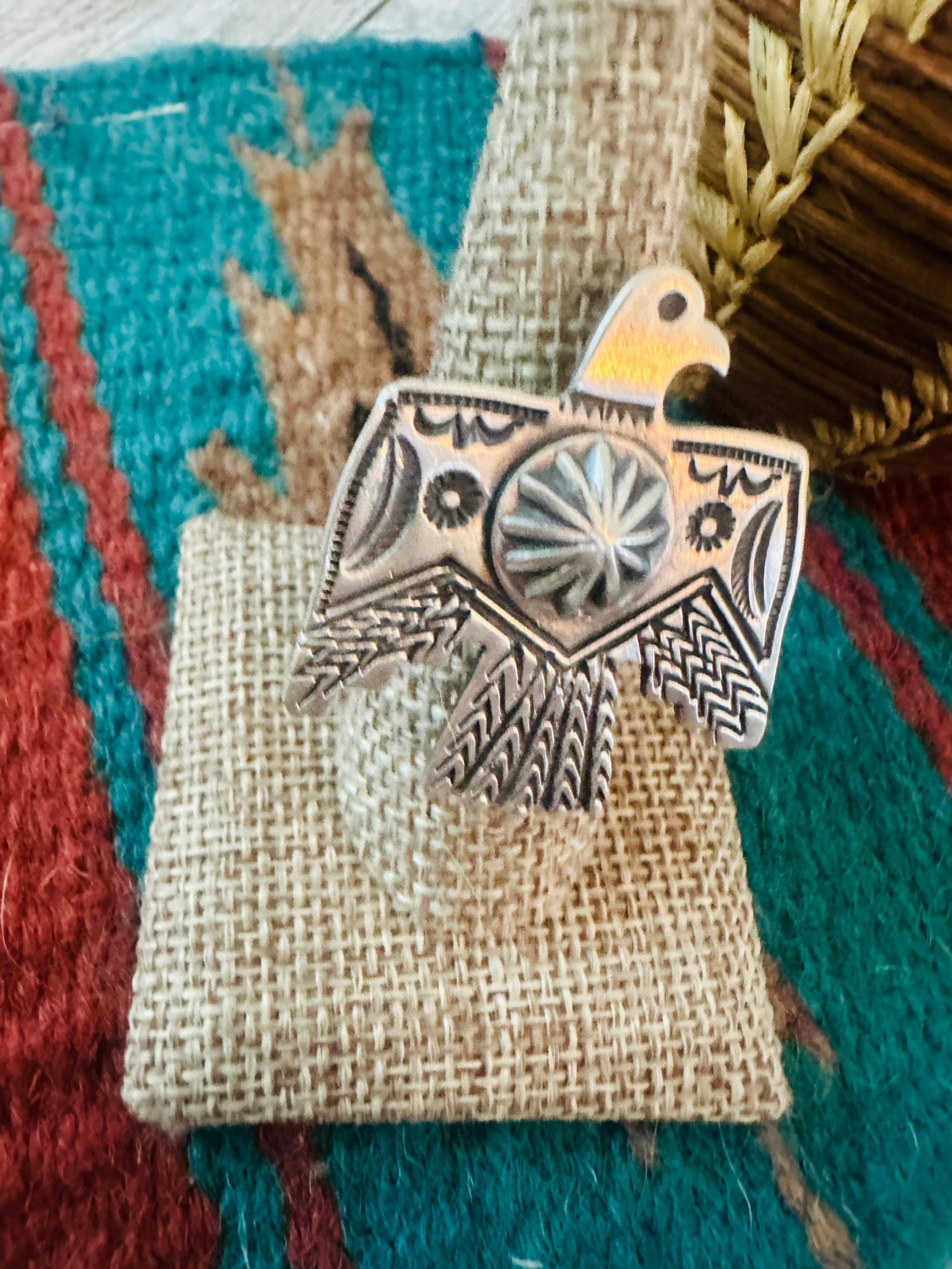 Handcrafted Hand Stamped Sterling Silver Thunderbird Adjustable Ring by Leroy James