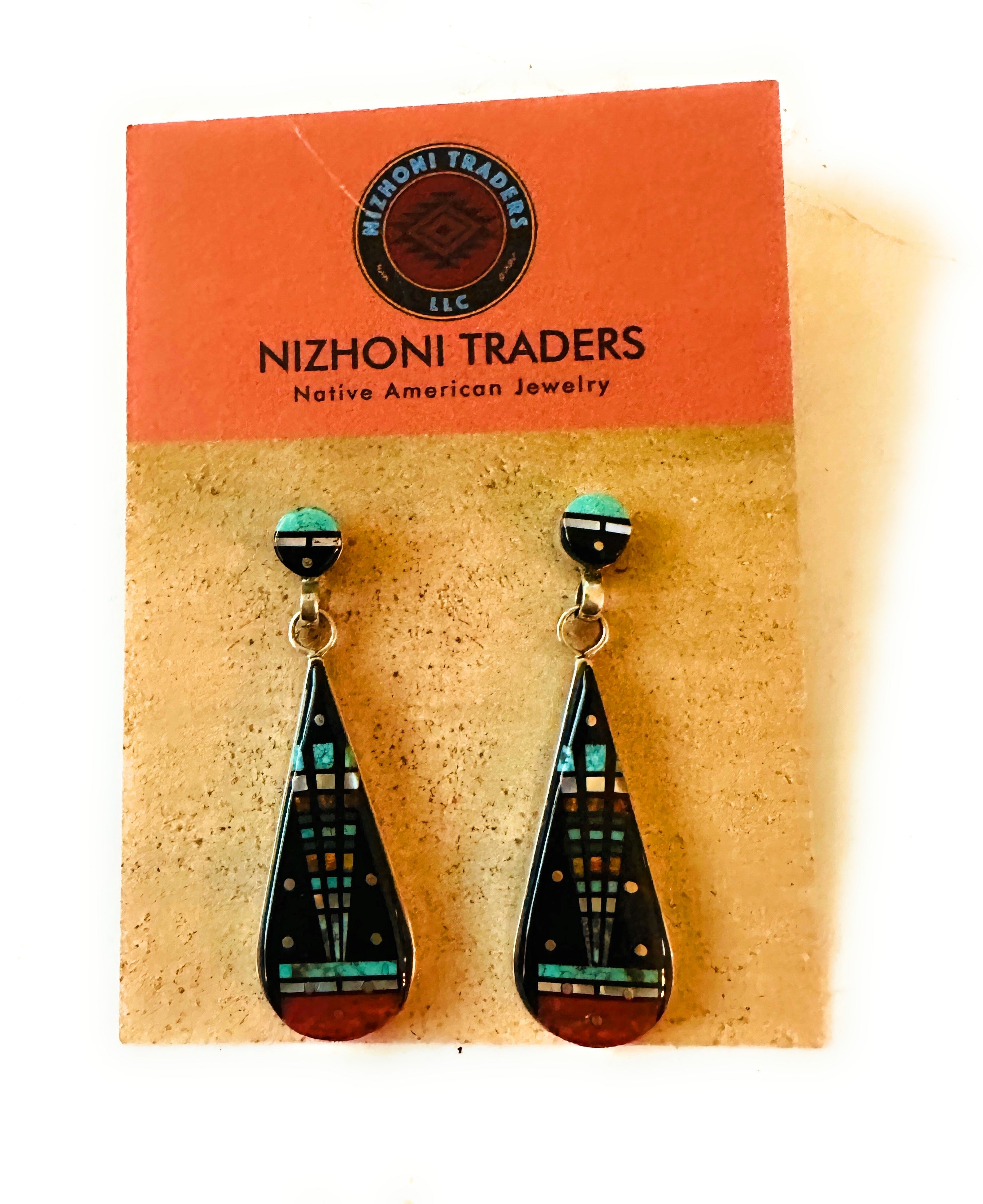 Navajo Sterling Silver & Multi Stone Inlay Dangle Earrings