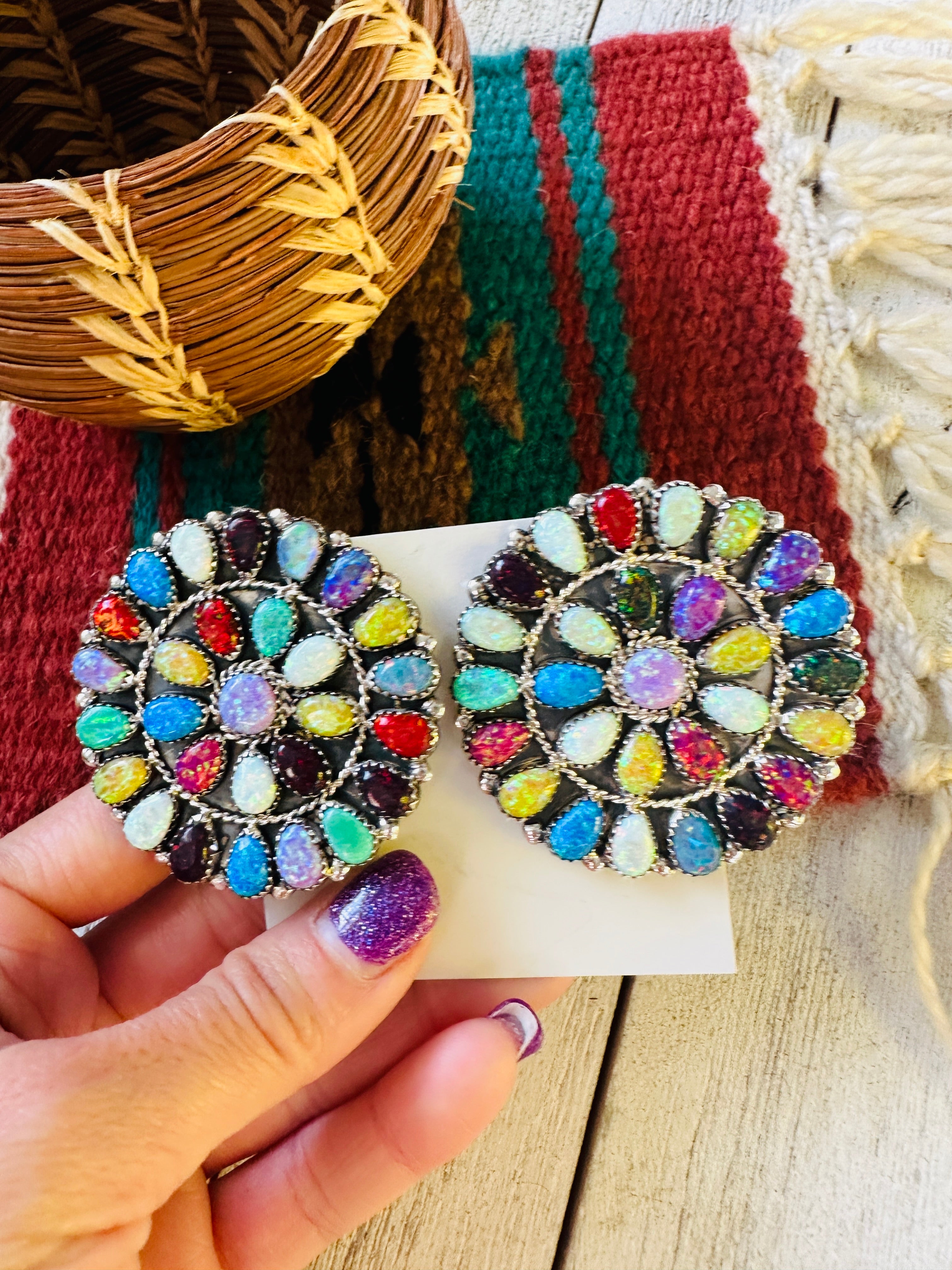 Navajo Multicolor Opal And Sterling Silver Cluster Post Earrings