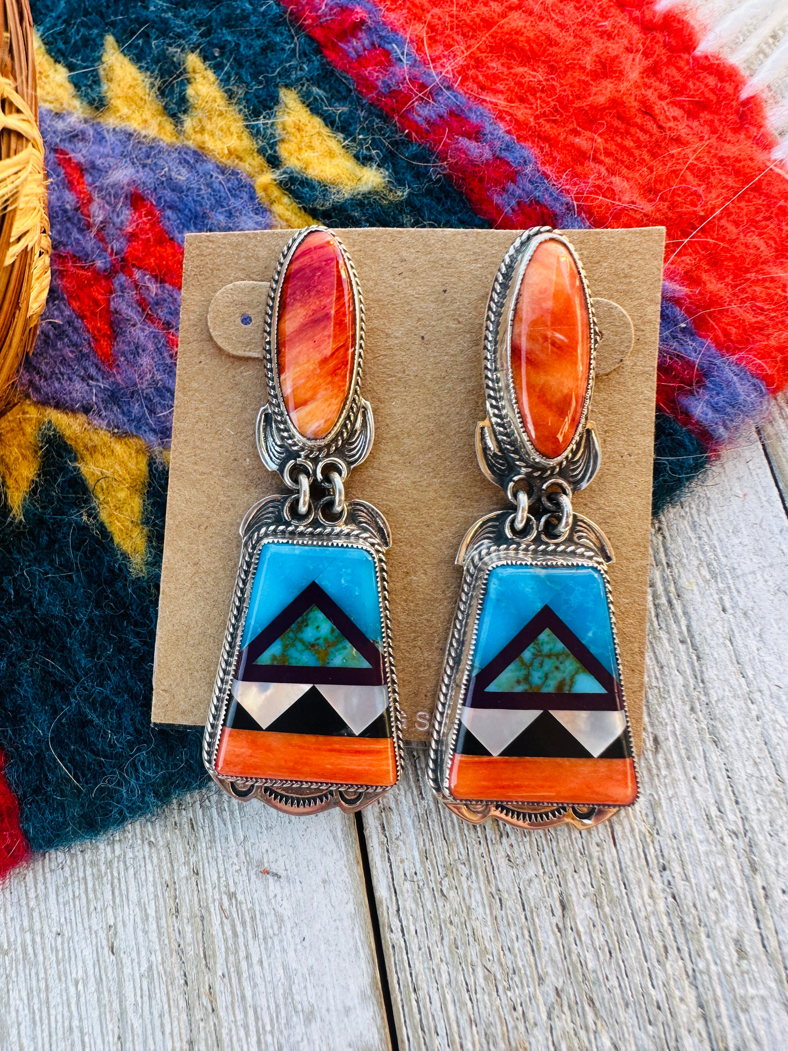 Aldrich Art Jewelry Multi Stone And Sterling Silver Inlay Dangle Earrings