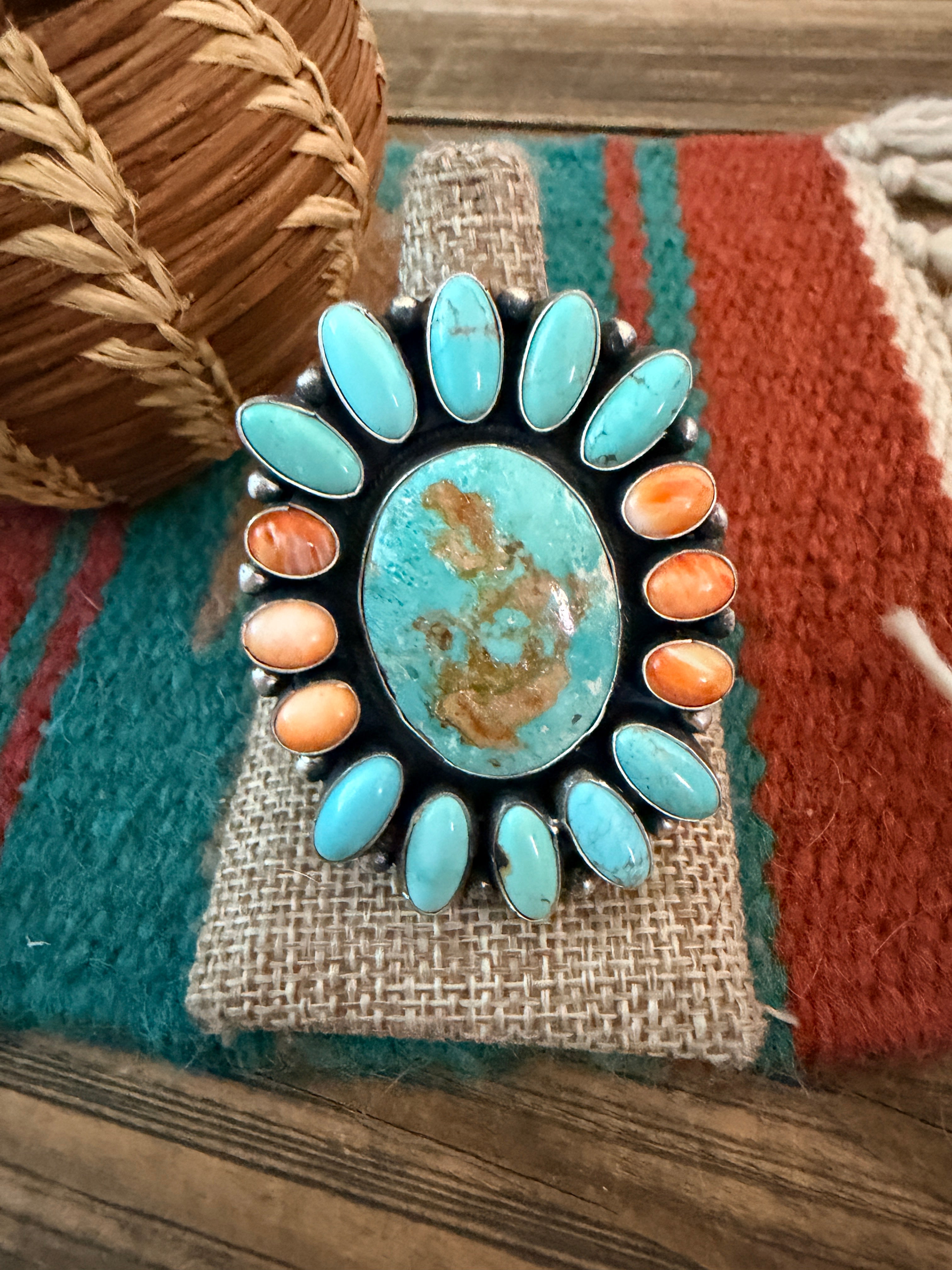 Handcrafted Spiny Oyster, Turquoise & Sterling Silver Cluster Ring by Sheila Becenti Size 10