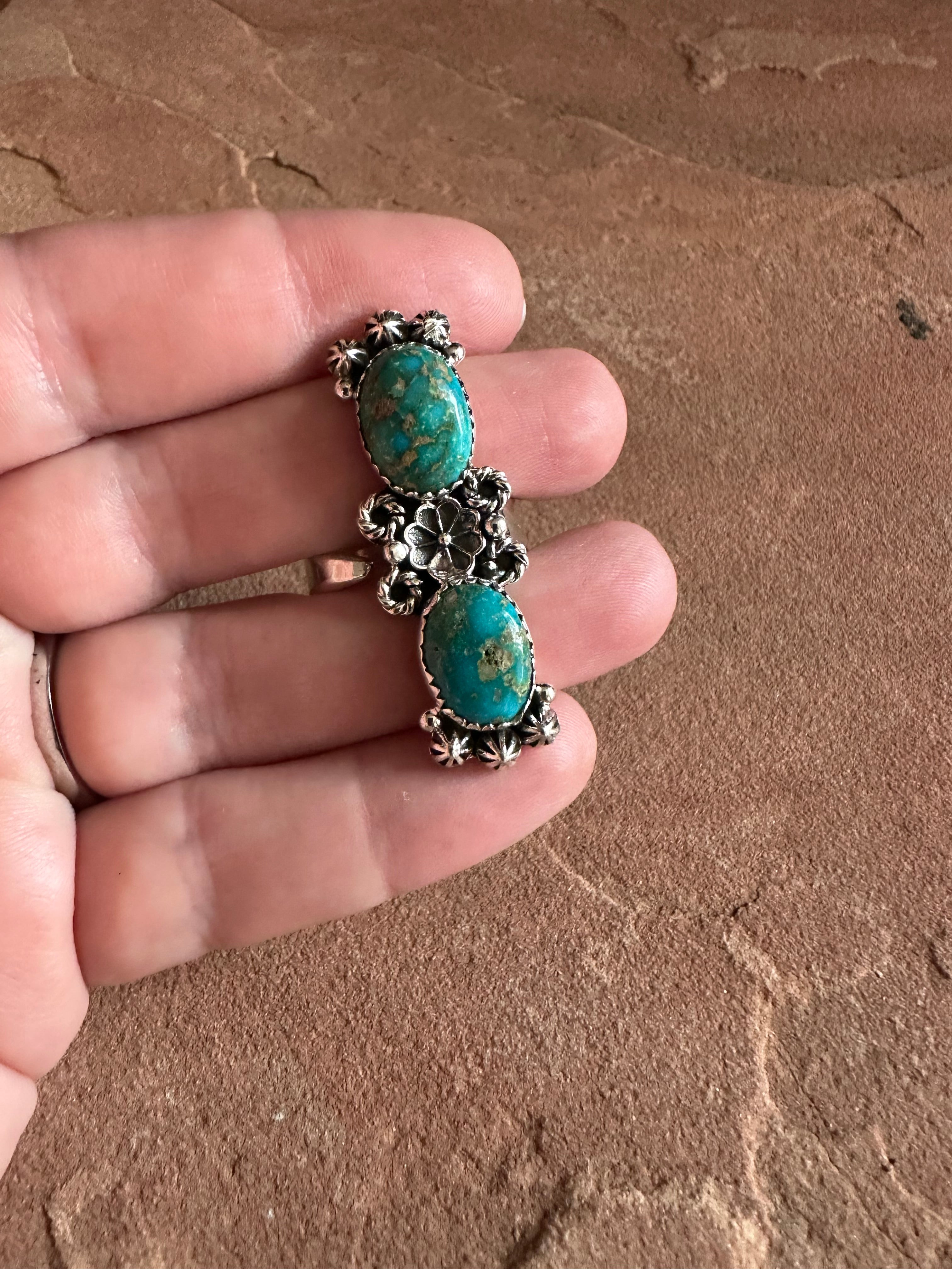 Beautiful Handmade Turquoise And Sterling Silver Adjustable Flower Ring