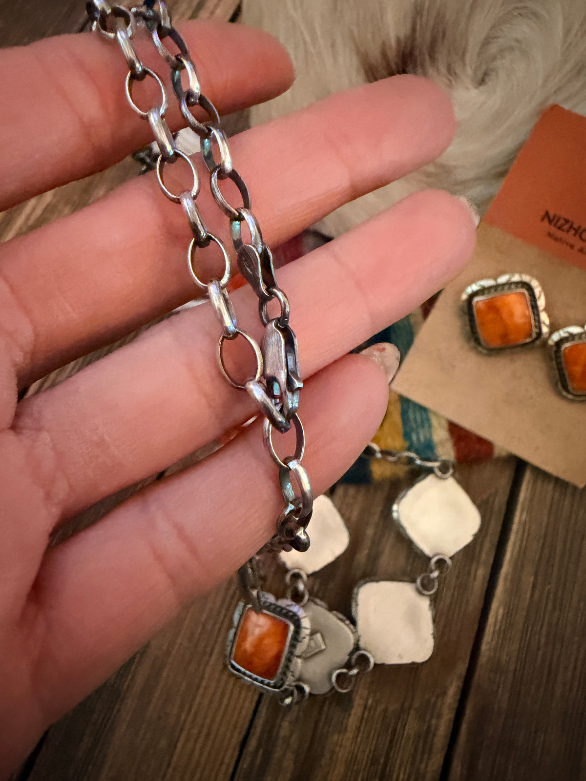 Handcrafted Spiny Oyster & Sterling Silver Cluster Necklace and Earring Set by Larry Kaye