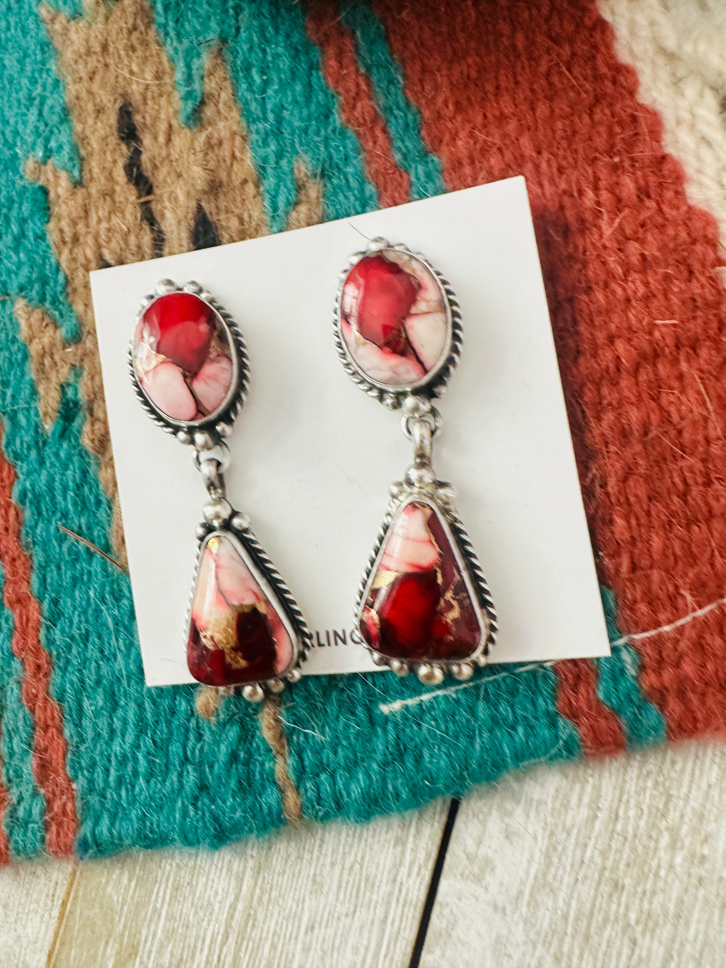 Navajo Rose Dahlia and Sterling Silver Dangle Earrings