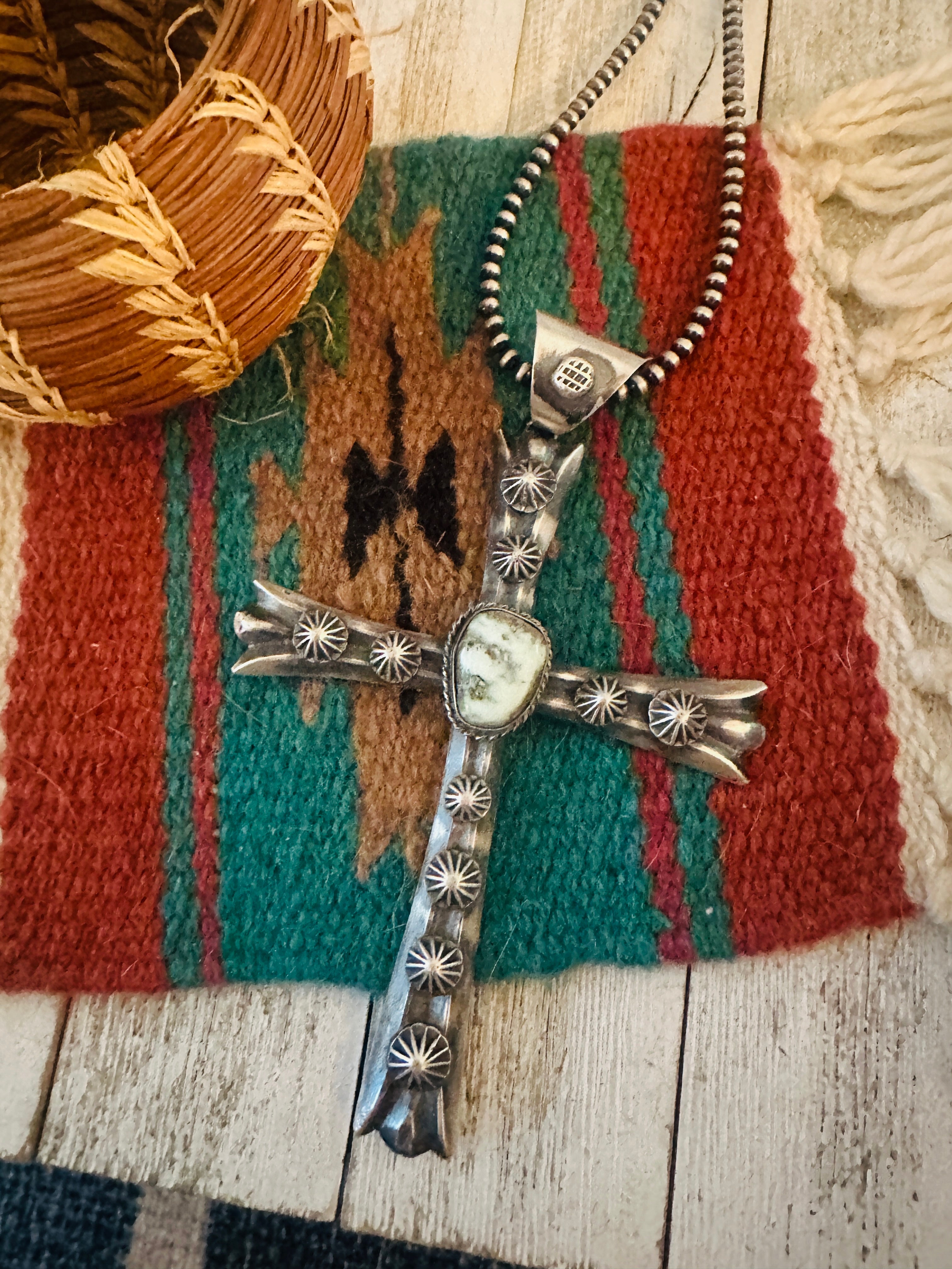 Old Pawn Handcrafted Turquoise and Sterling Silver Cross Pendant by Chimney Butte