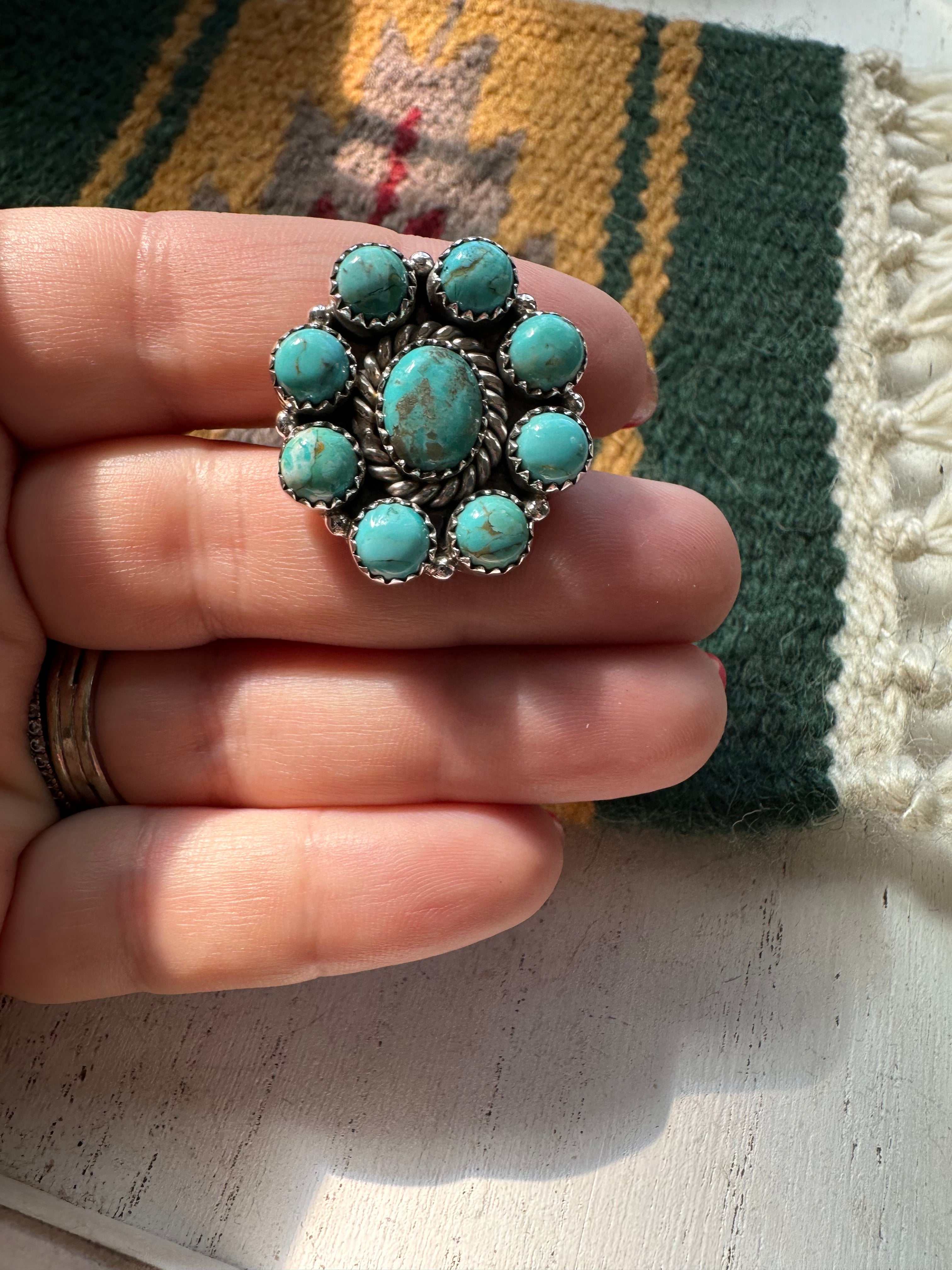 Nizhoni Handmade Adjustable Turquoise Sterling Silver Flower Ring