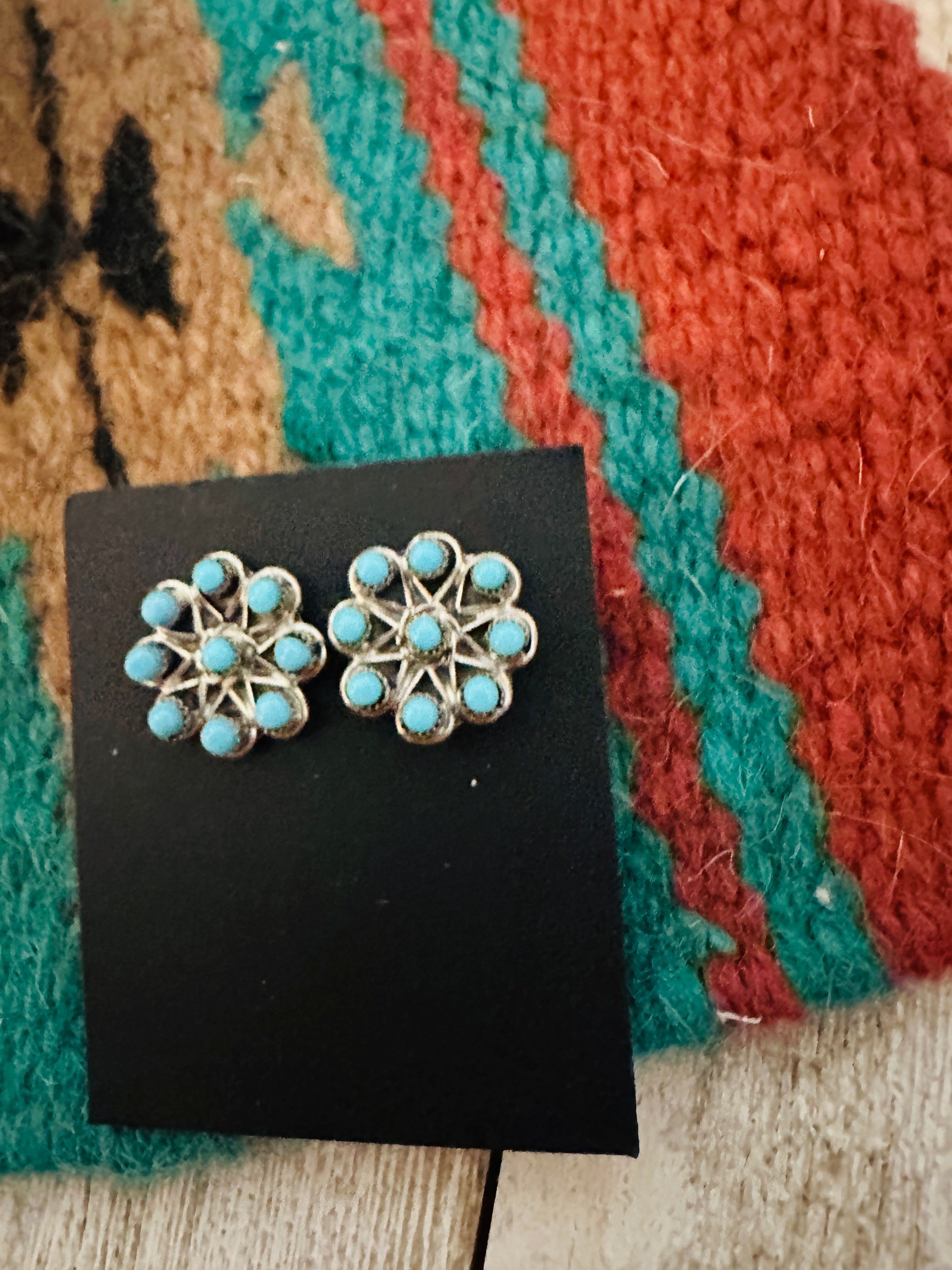 Zuni Turquoise & Sterling Silver Petit Point Stud Earrings