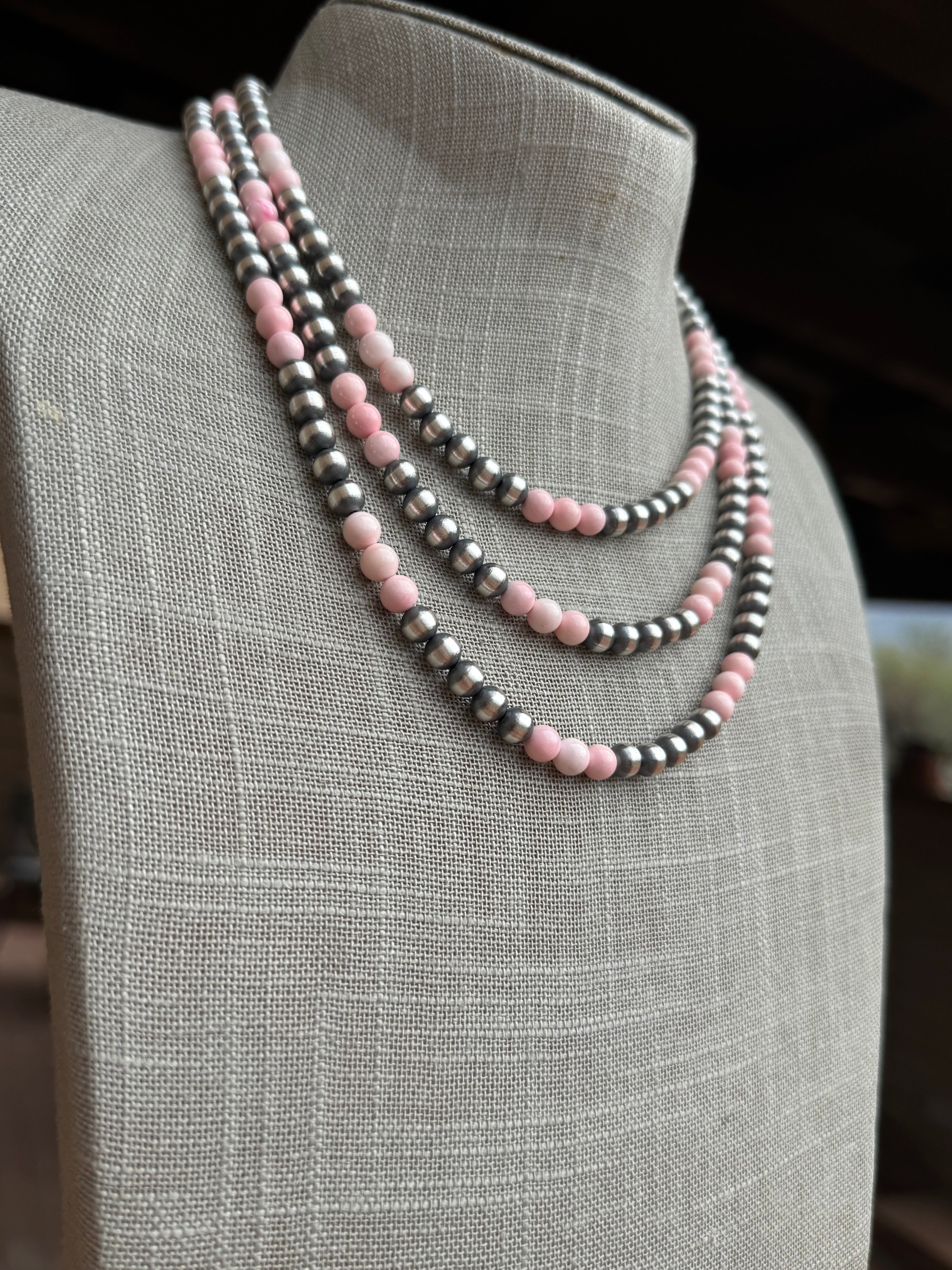 Handcrafted  Sterling Silver Pearl & Queen Pink Conch Beaded Necklace 6mm